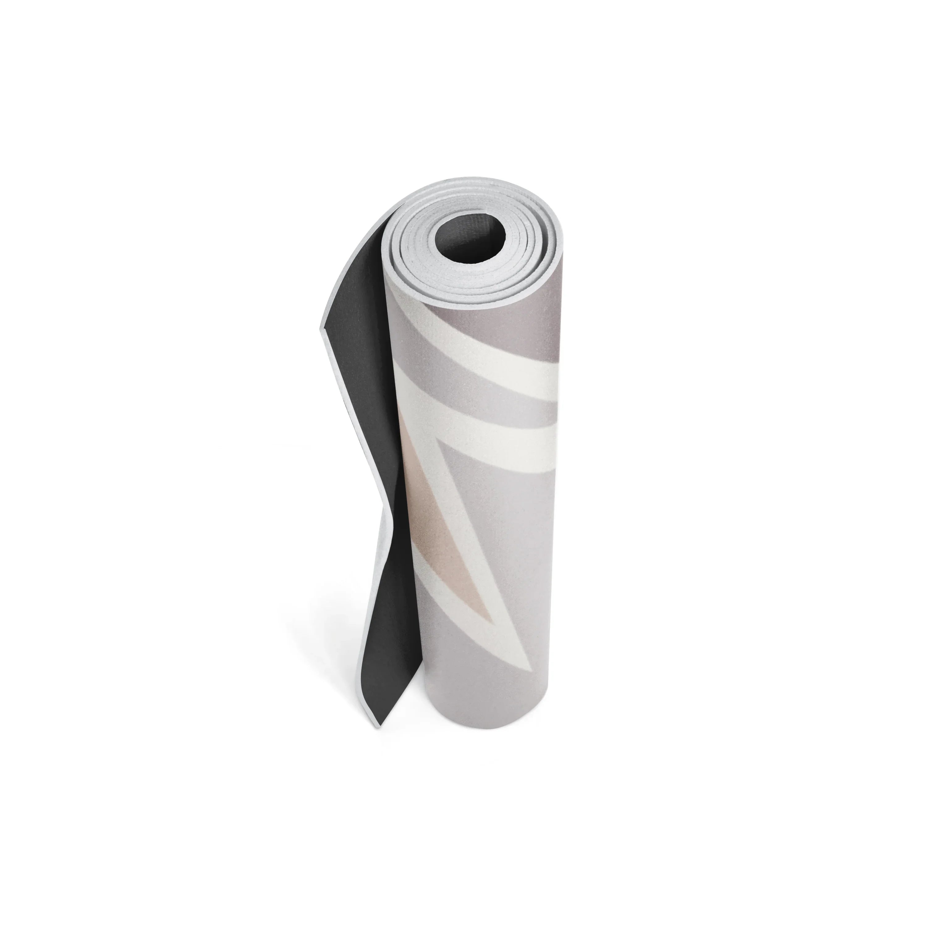 Roll of gray and white striped yoga mat on a white background