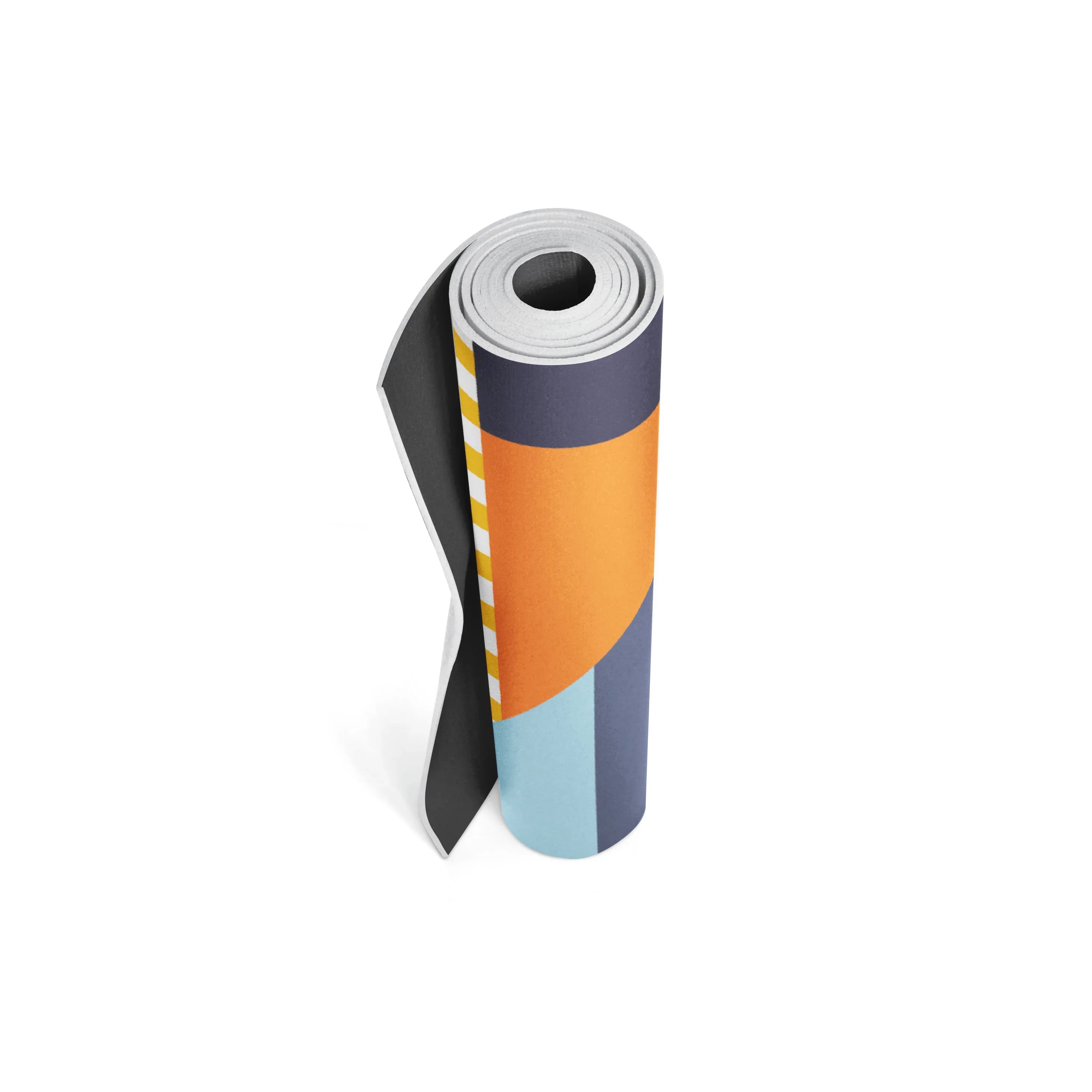 Colorful yoga mat with geometric pattern on a white background