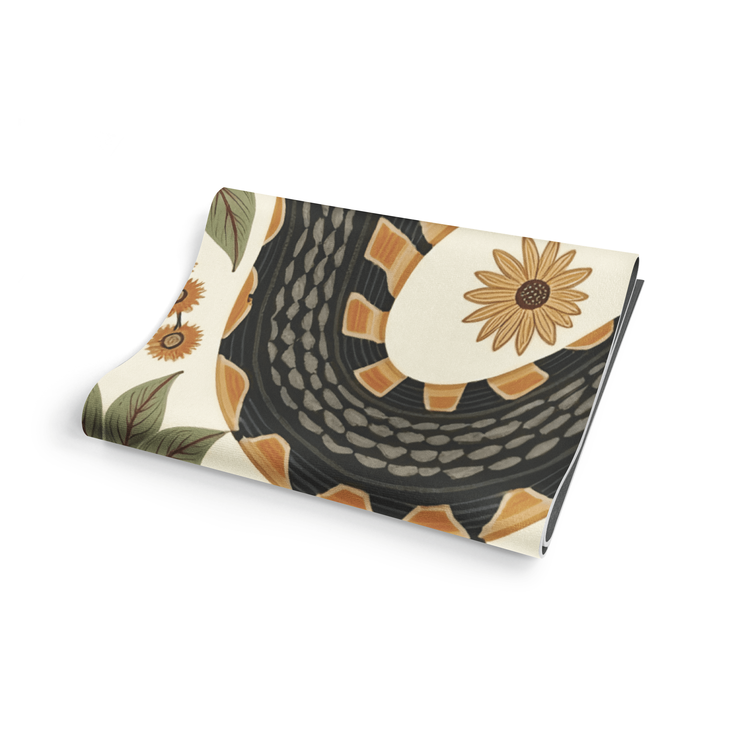 Folded fabric with sunflower pattern on a white background