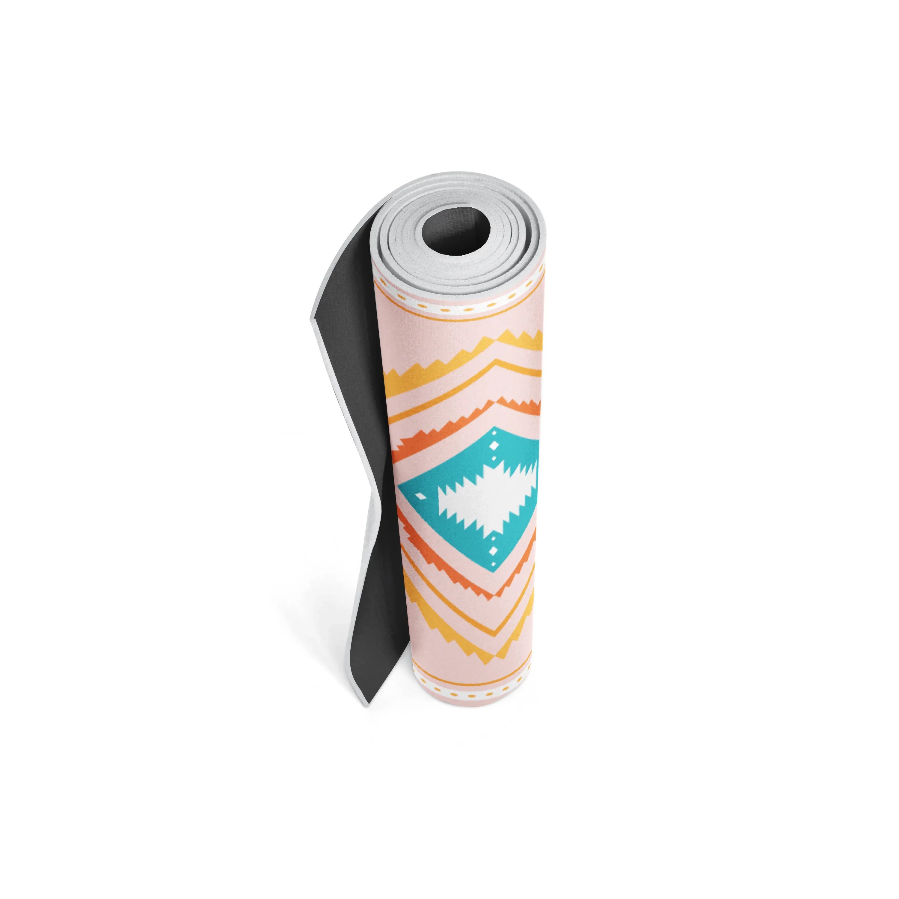 Yoga mat with a colorful pattern on a white background