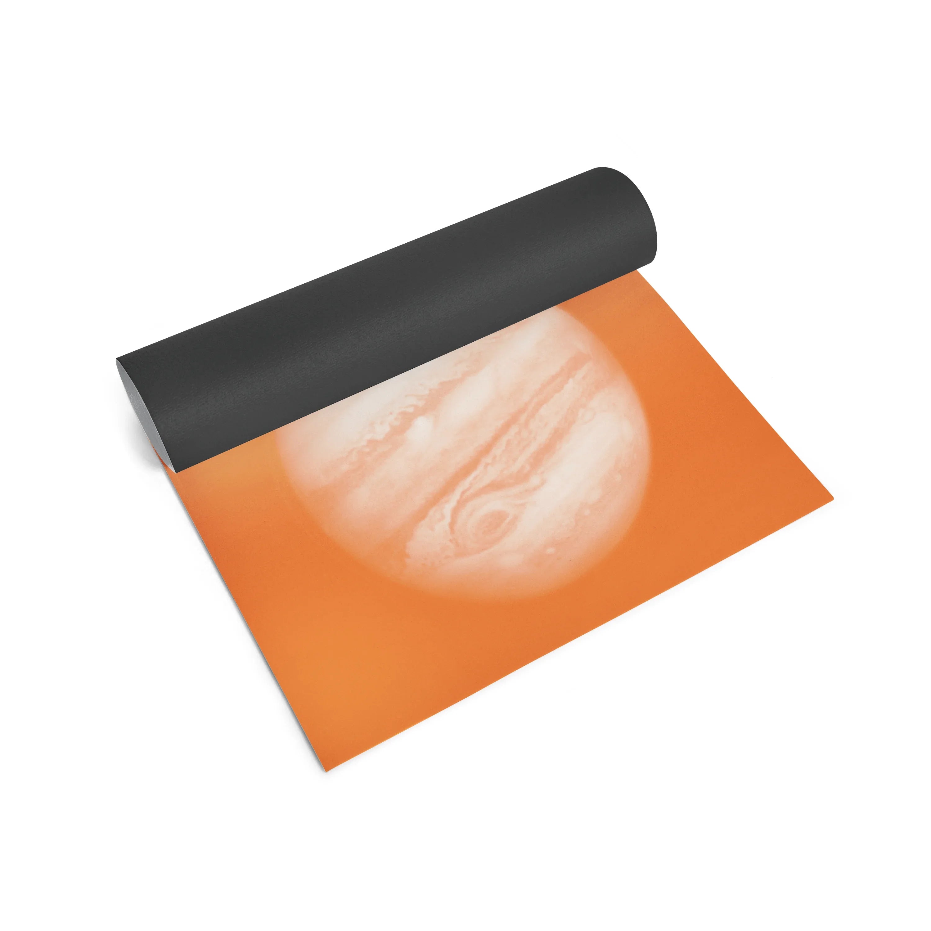 Orange yoga mat with black rolled-up end on a white background