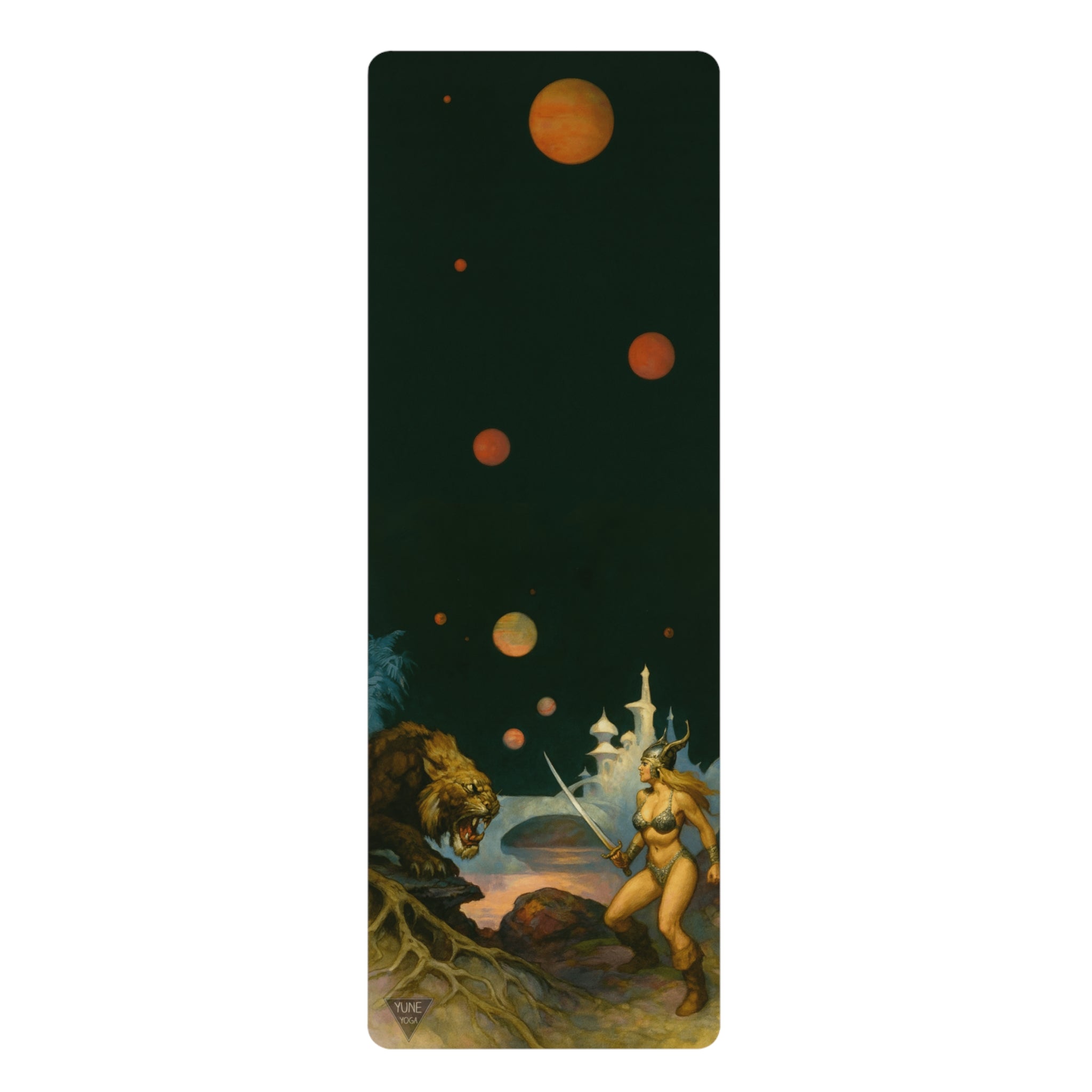 Decorative mat with fantasy design of a warrior and creature against a cosmic background