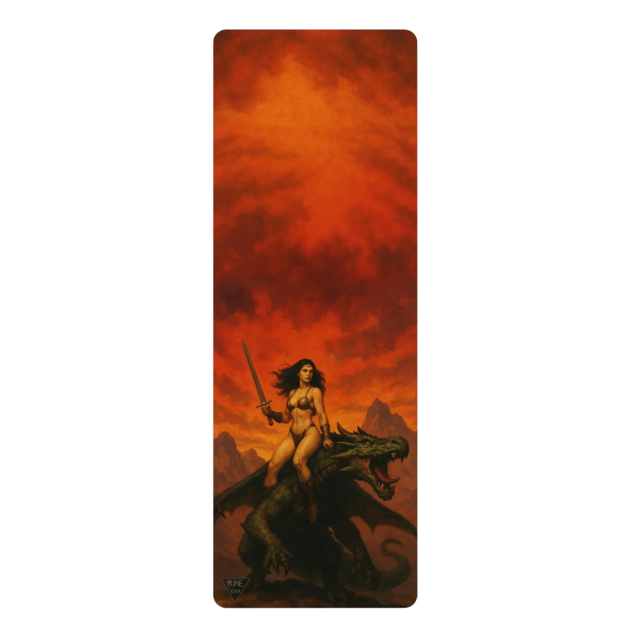 Yoga mat with a fantasy design of a woman riding a dragon against an orange sky.