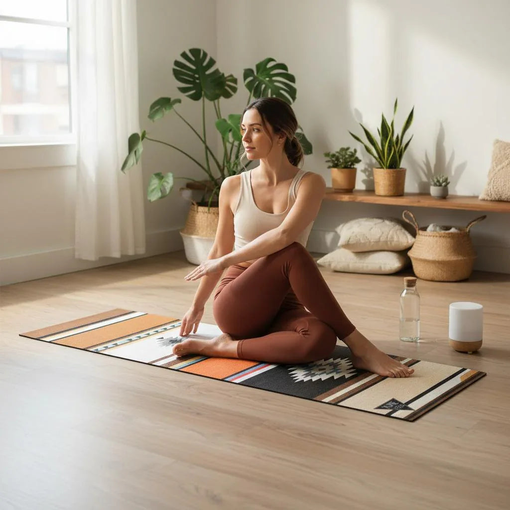 Woman practicing yoga in a bright room with plants and decor