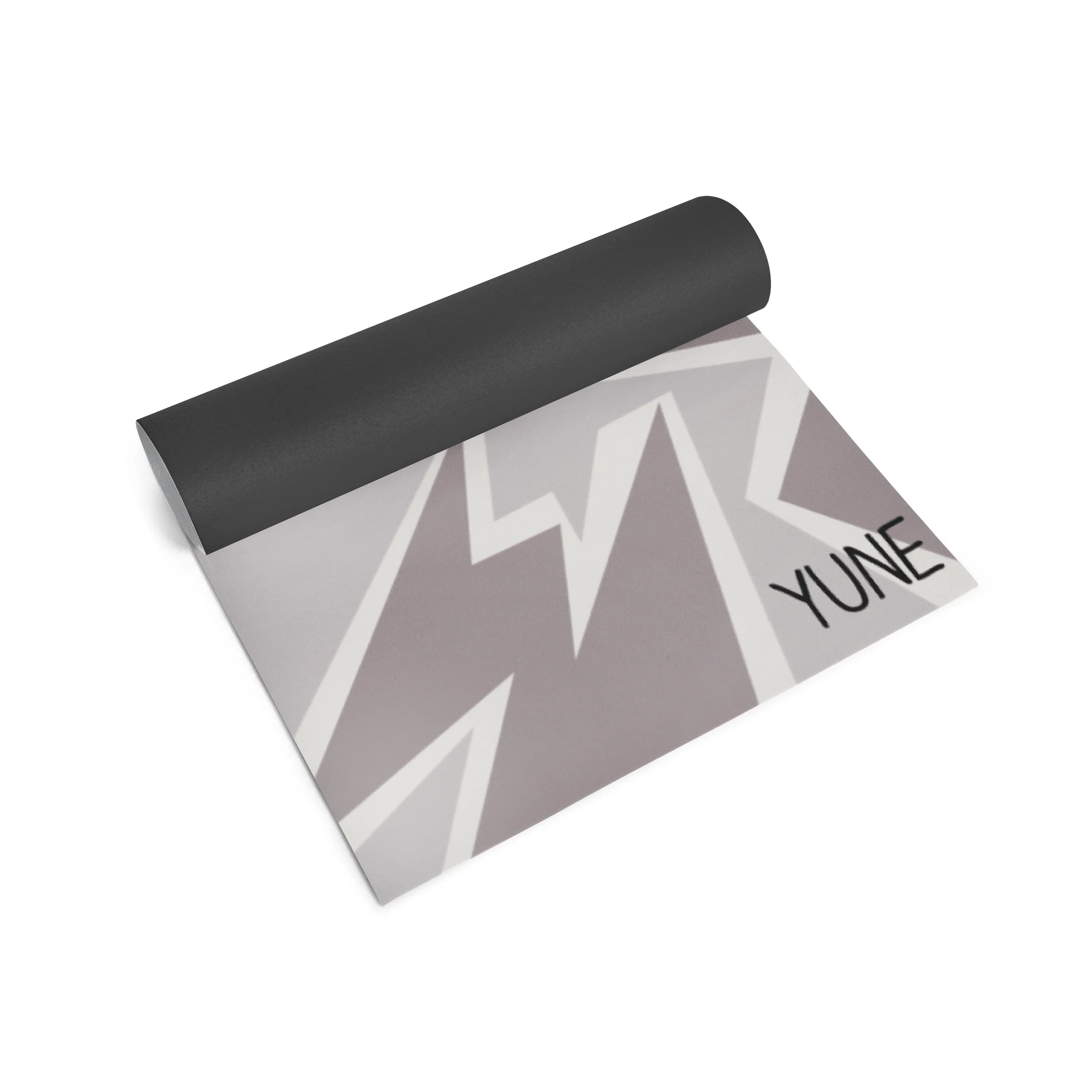 Yoga mat with geometric pattern and 'YUNE' branding on a white background