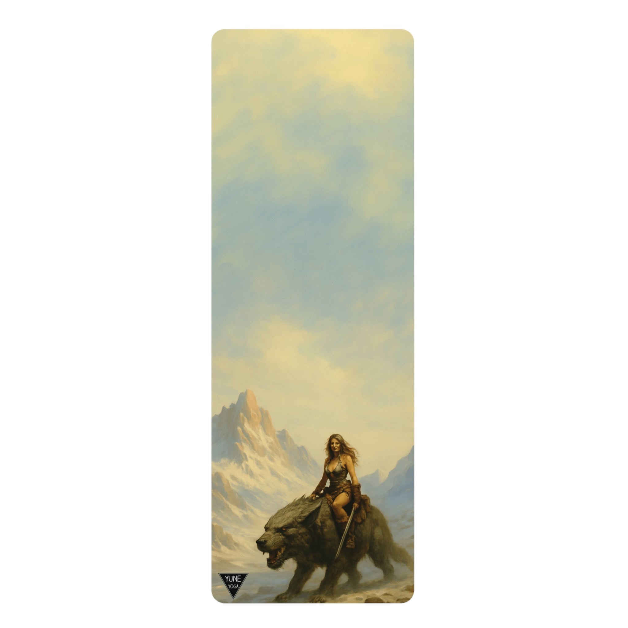Card with a fantasy scene of a woman riding a bear in a mountainous landscape.
