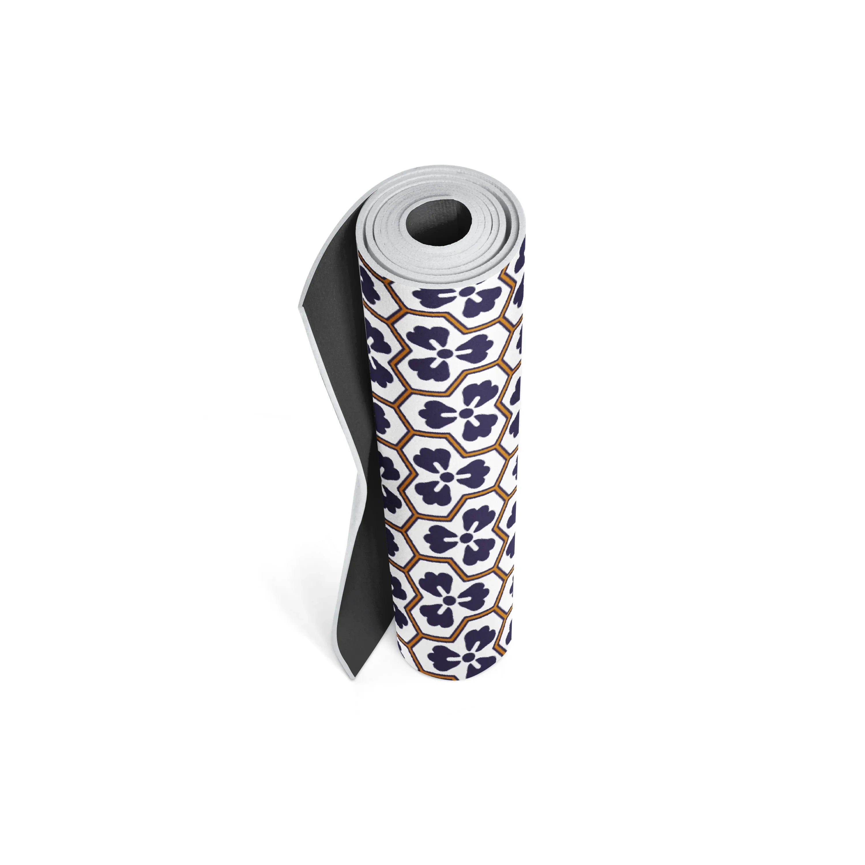 Yoga mat with a blue floral pattern on a white background
