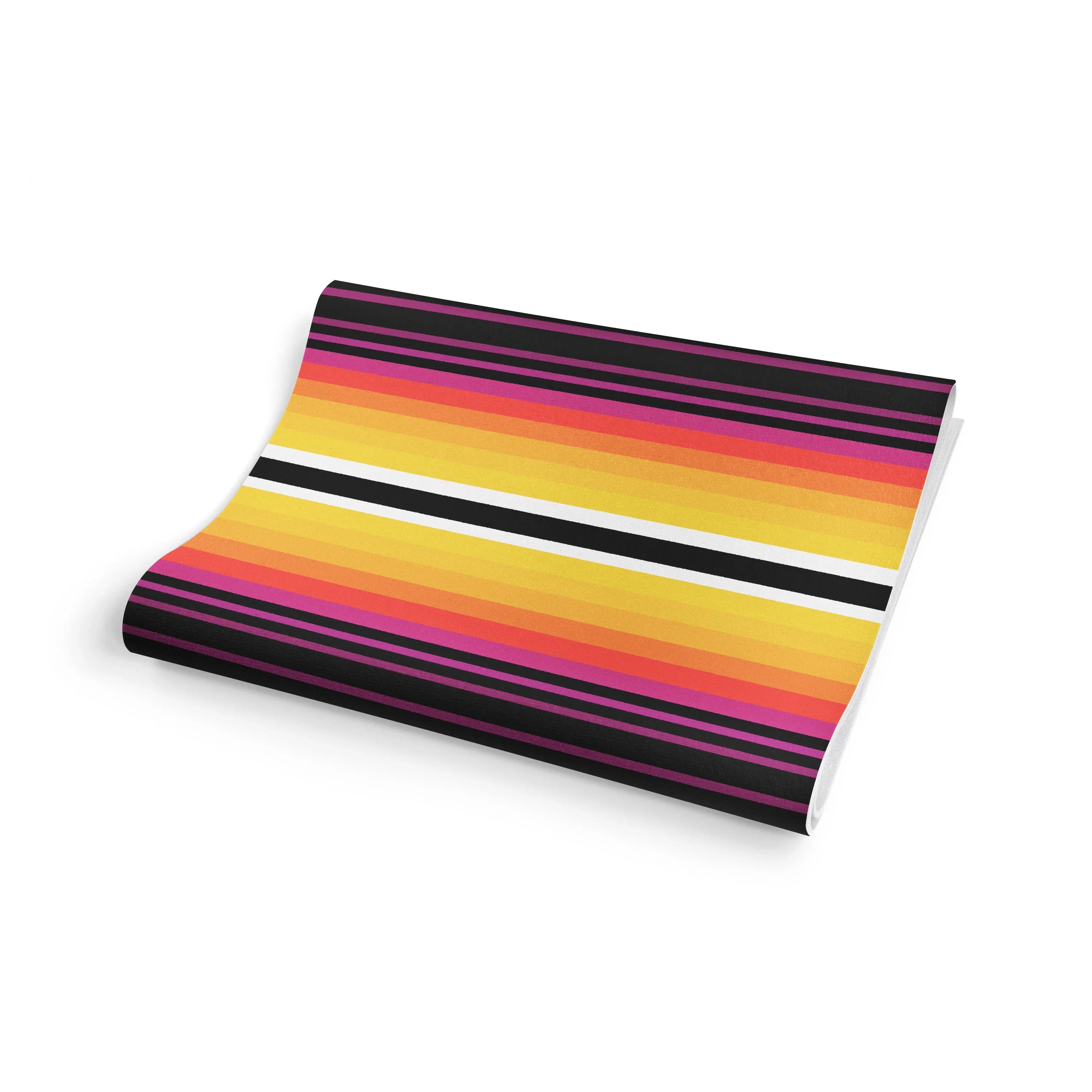 Colorful striped fabric with pink, orange, yellow, and black stripes on a white background