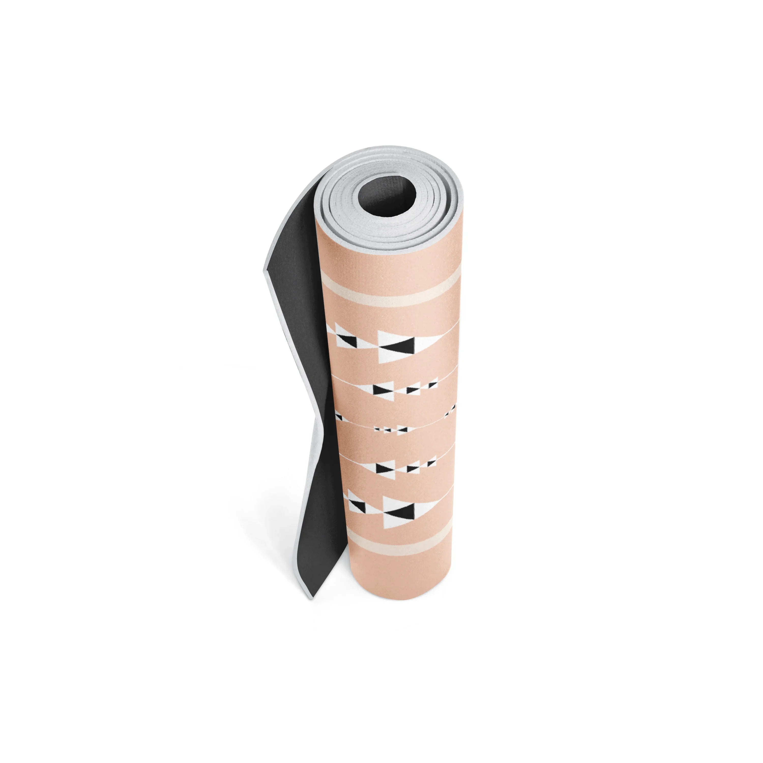 Rolled-up yoga mat with geometric pattern on a white background