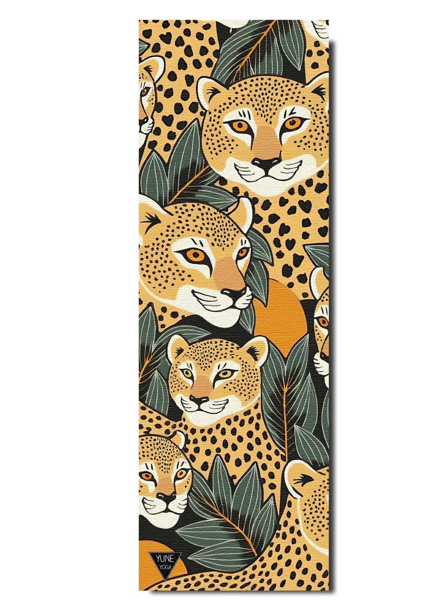 Yoga mat with leopard and leaf pattern on a white background