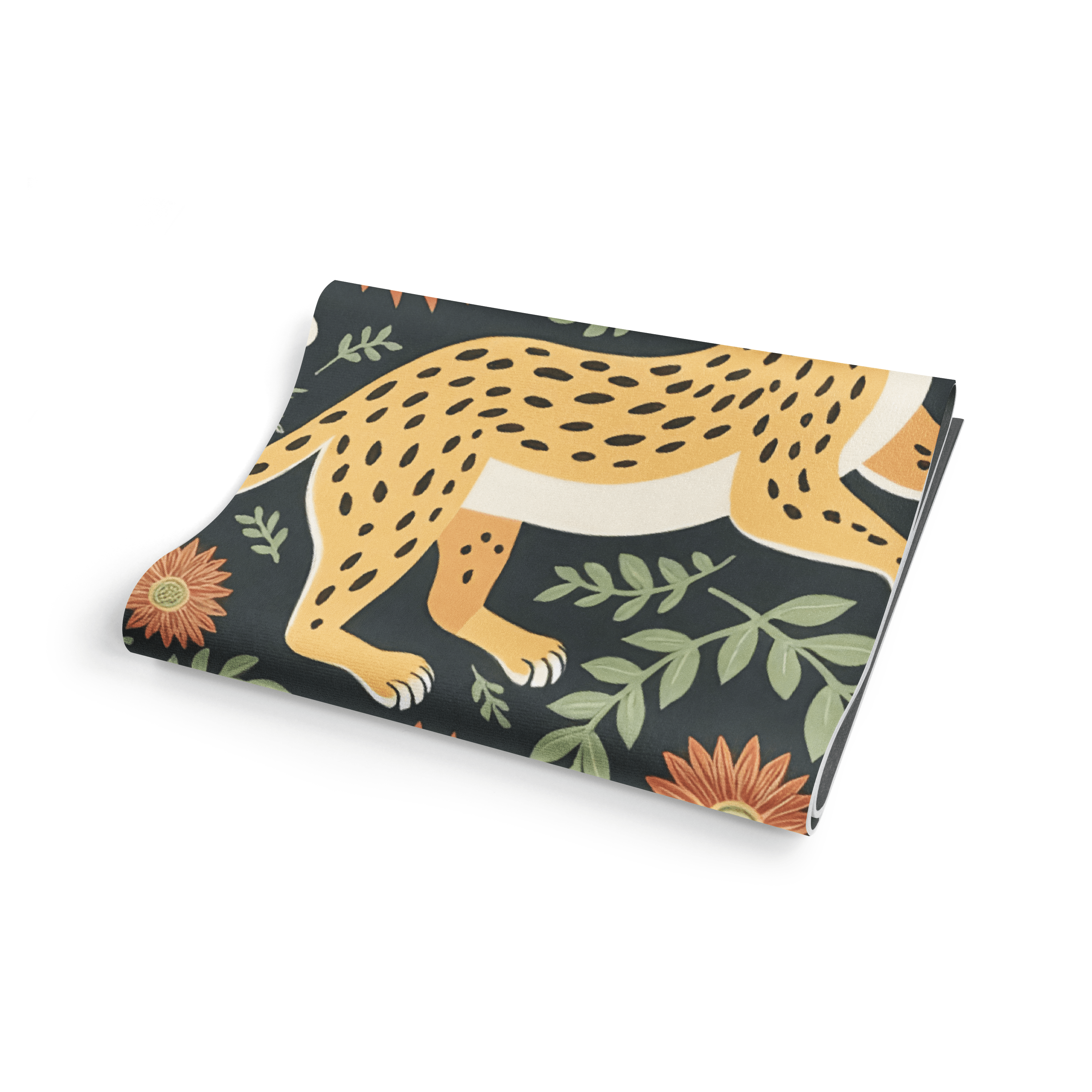 Folded fabric with a leopard and floral pattern on a dark background