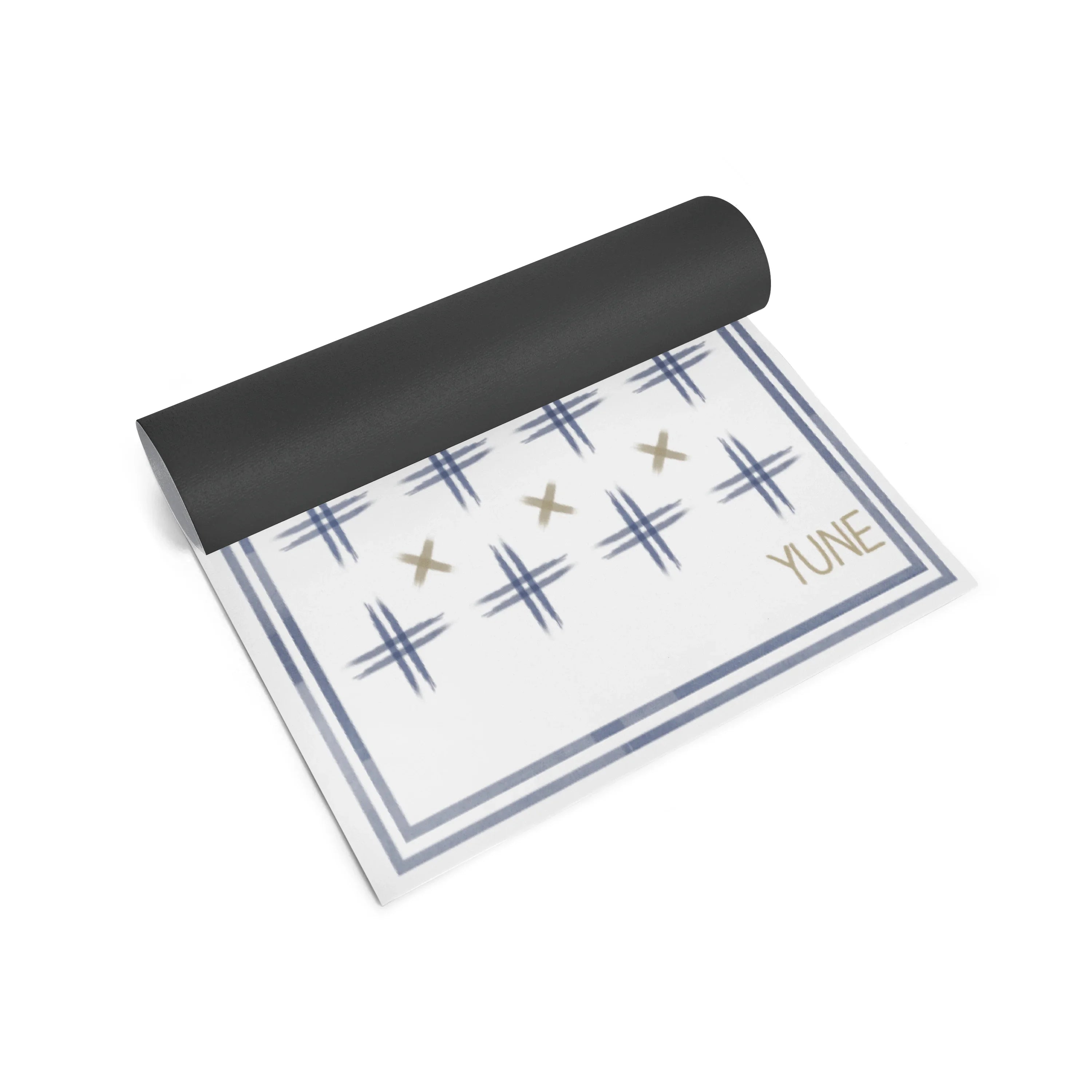 Yoga mat with tic-tac-toe design and 'Yune' branding on a white background