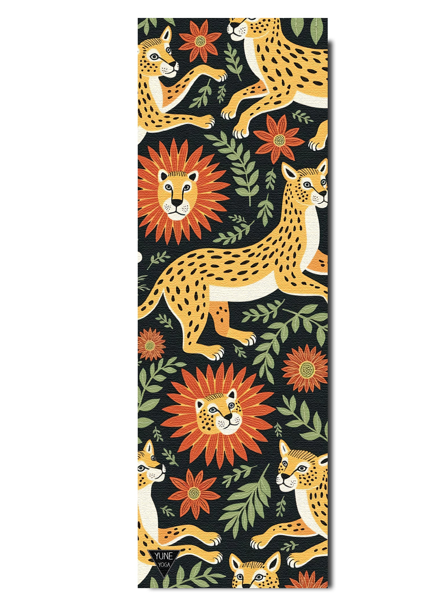 Yoga mat with leopards and floral design on a black background