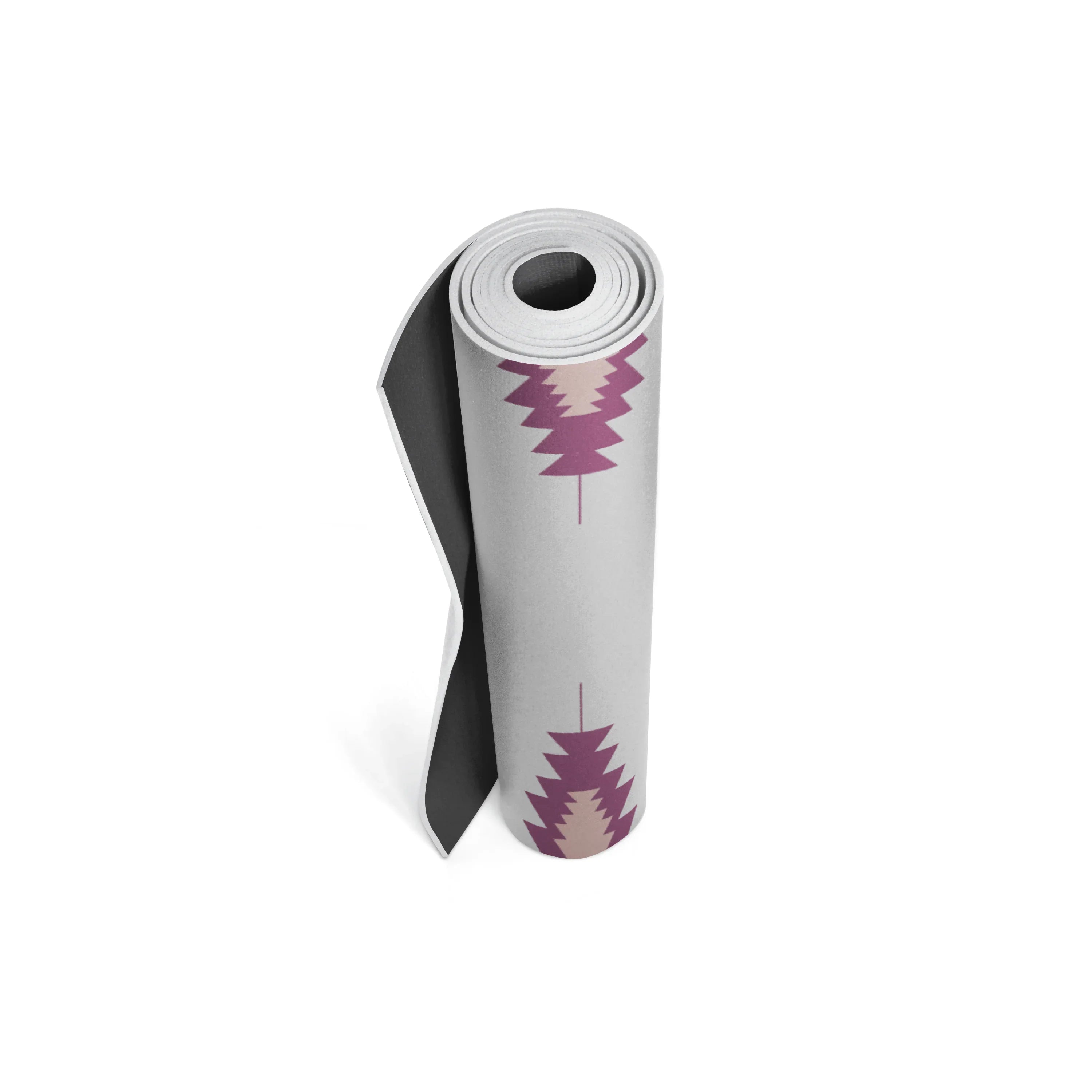 Roll of yoga mat with geometric pattern on a white background