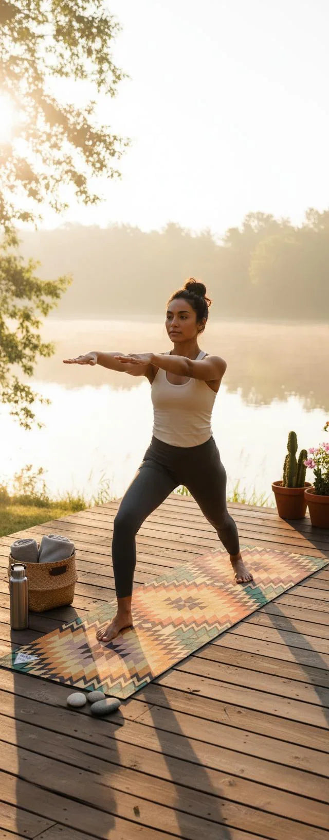 Woman practicing yoga on a wooden deck by a lake