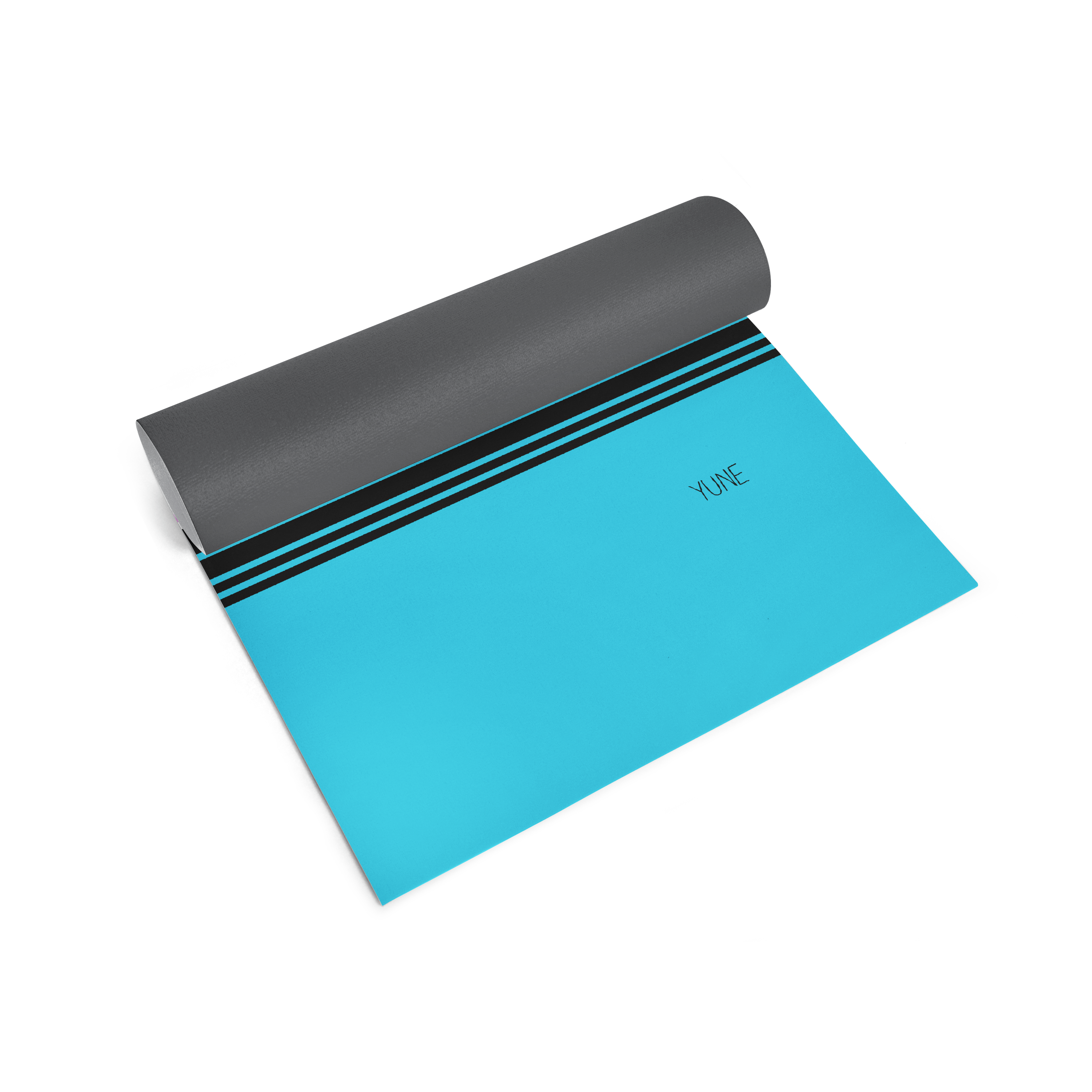 Blue yoga mat with black stripes and gray top on a white background