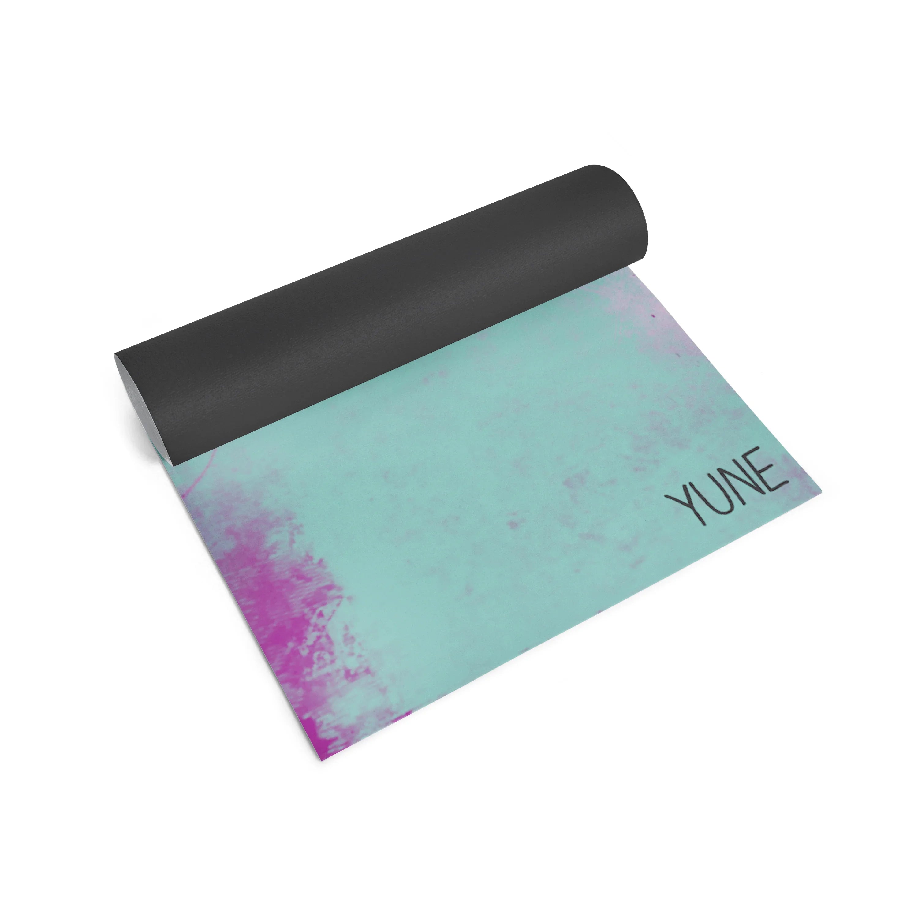 Yoga mat with gradient design and 'YUNE' branding on a white background