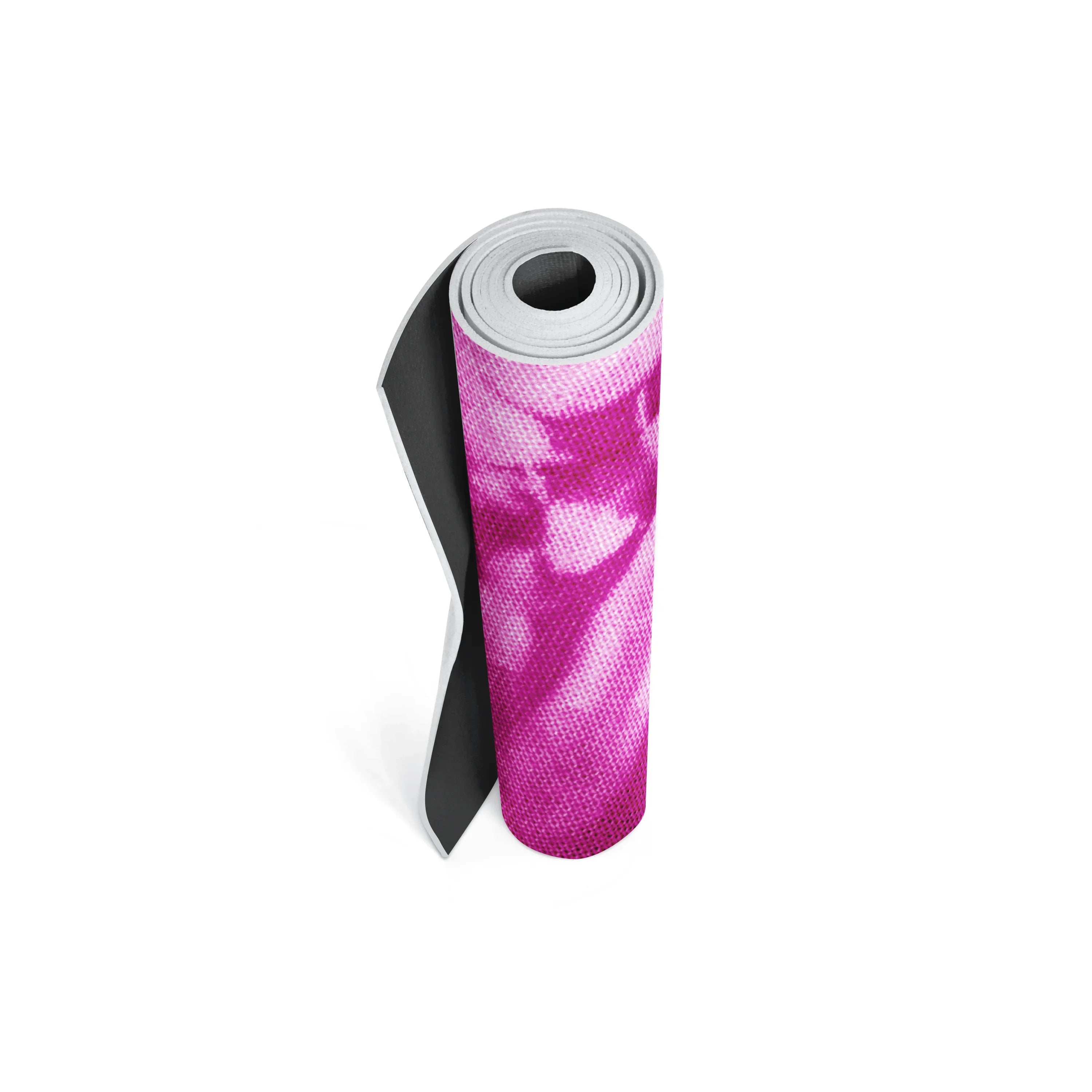 Pink and black yoga mat on a white background