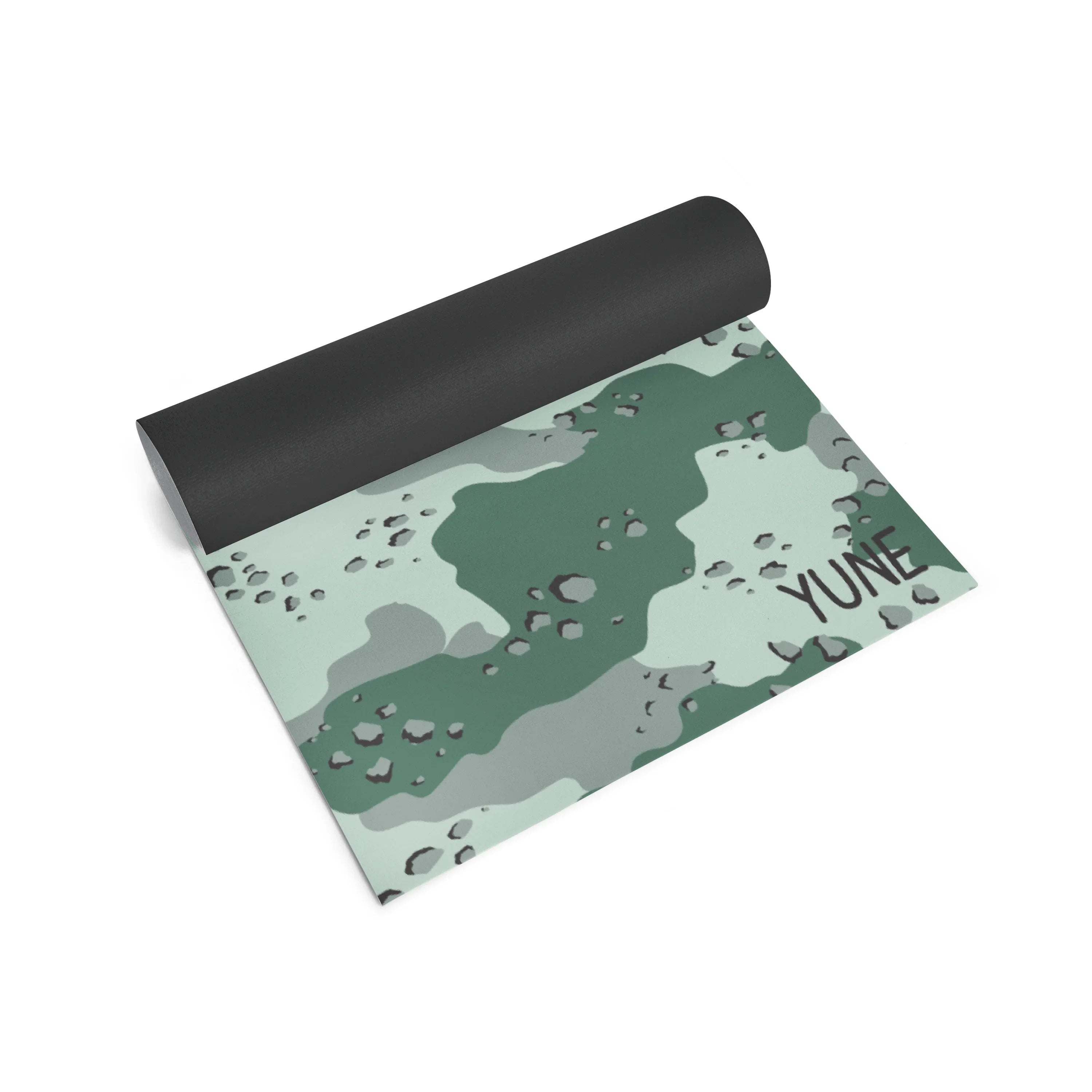 Yoga mat with camouflage pattern and 'Yune' branding on a white background