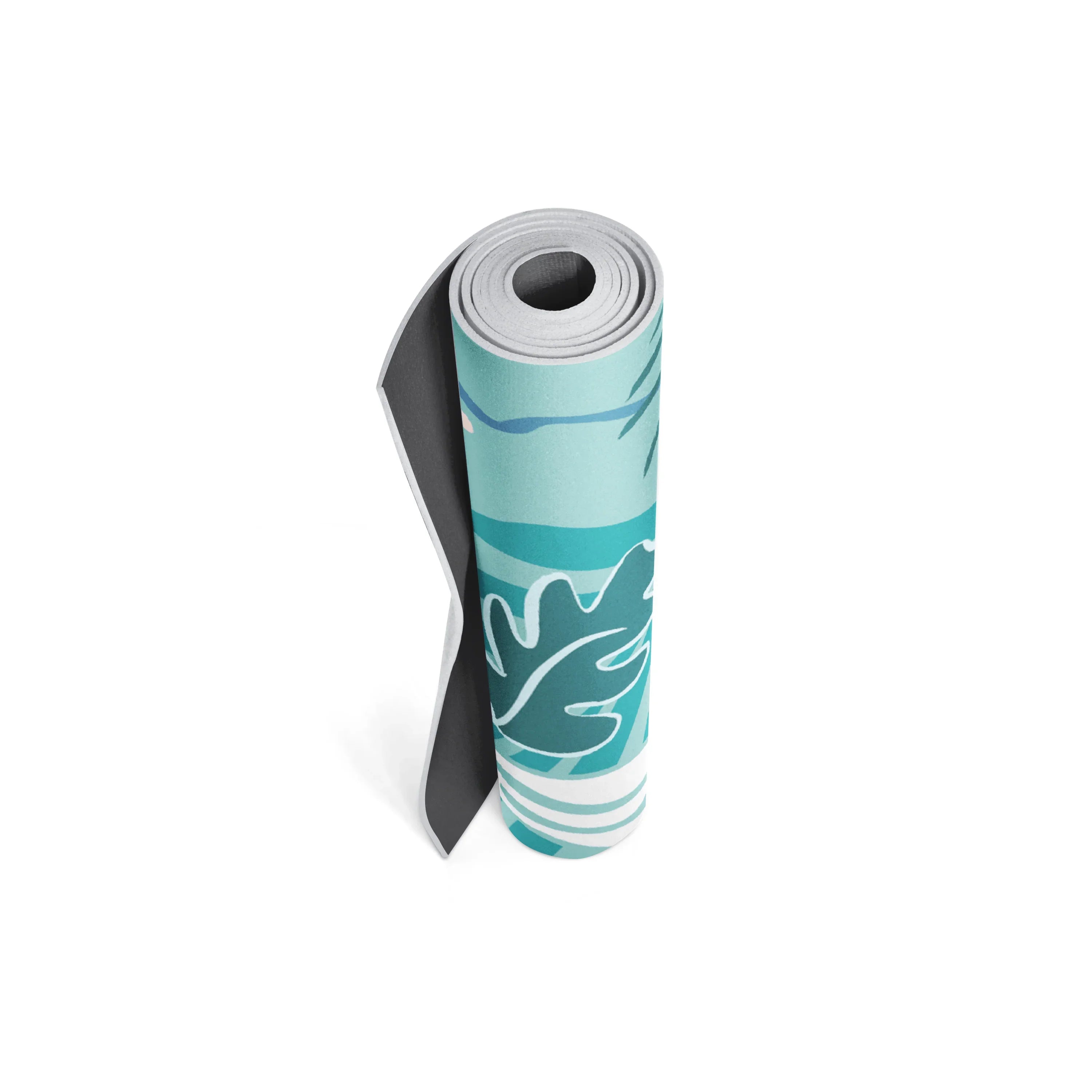 Roll of yoga mat with blue and white design on a white background