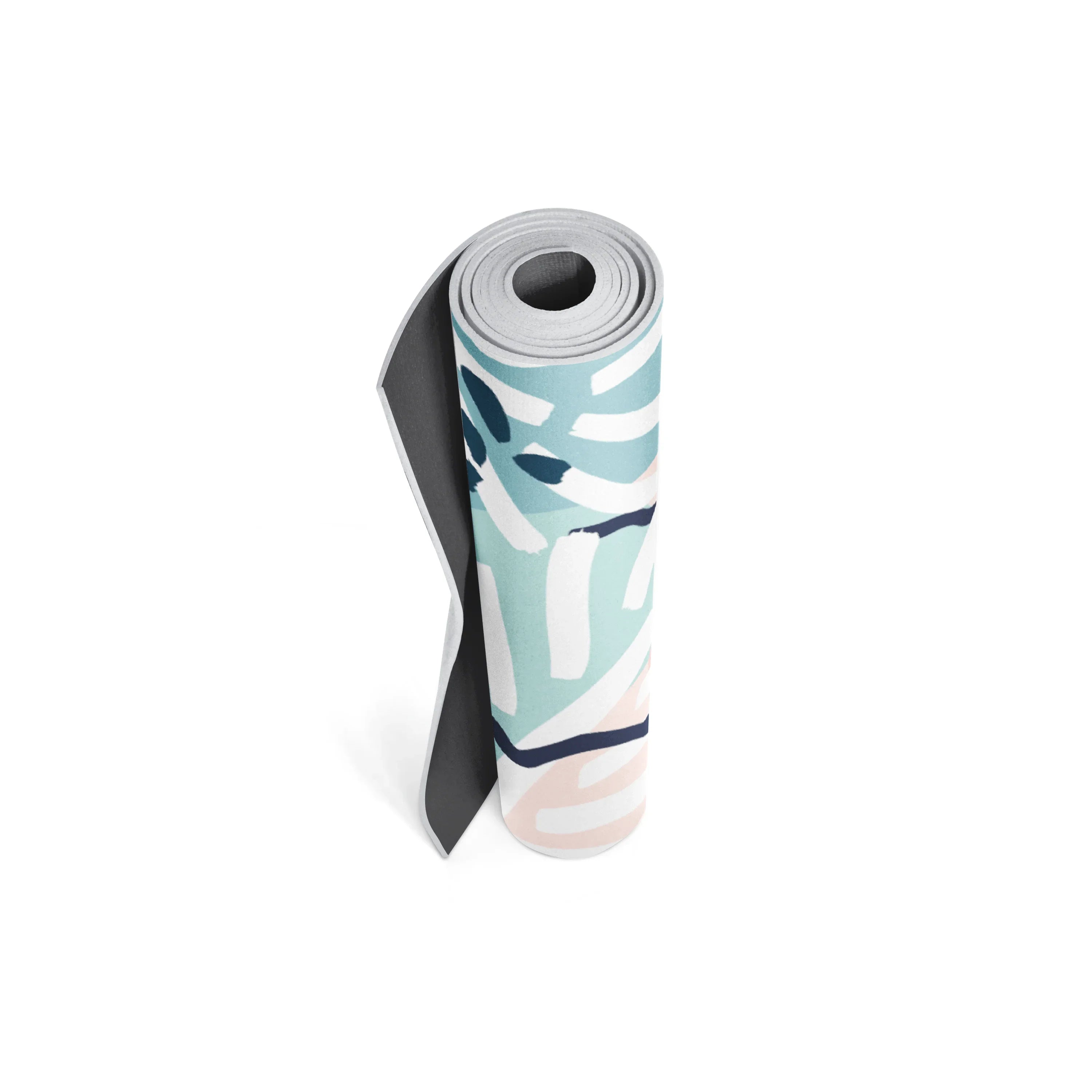 Yoga mat with a palm leaf pattern on a white background