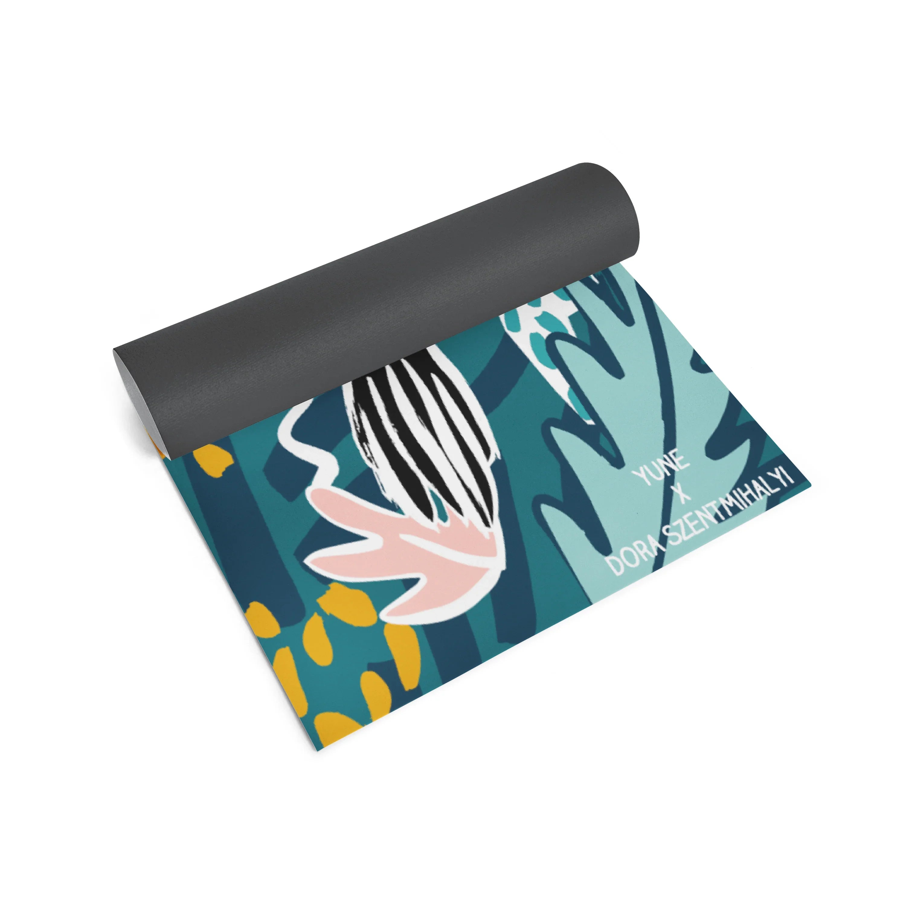 Yoga mat with a colorful design on a white background