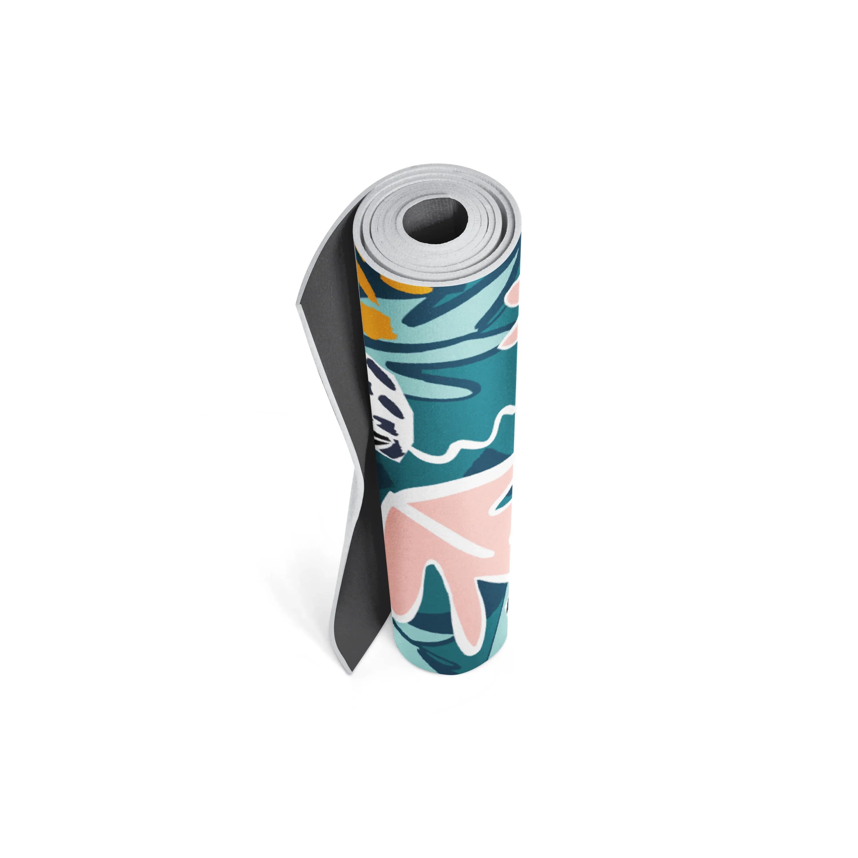 Yoga mat with a colorful palm leaf design on a white background