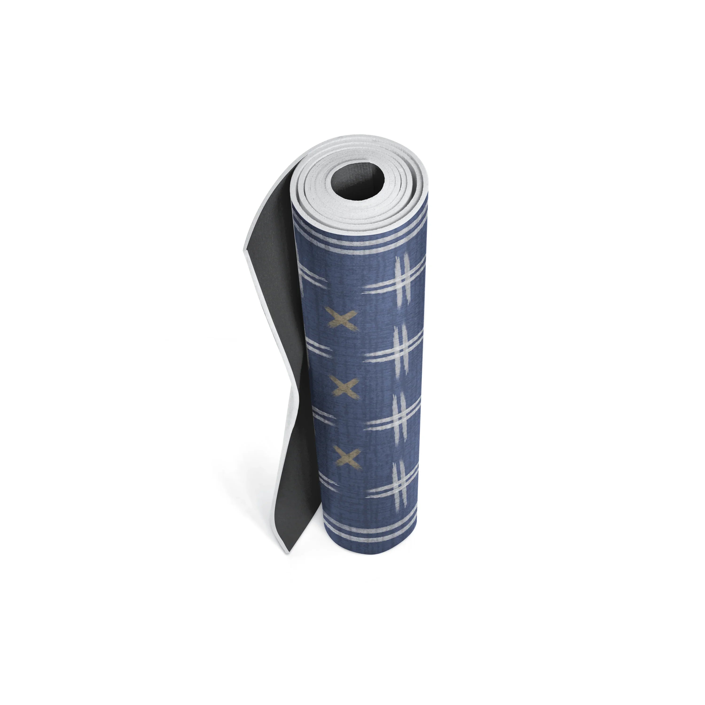 Rolled-up yoga mat with a geometric pattern on a white background