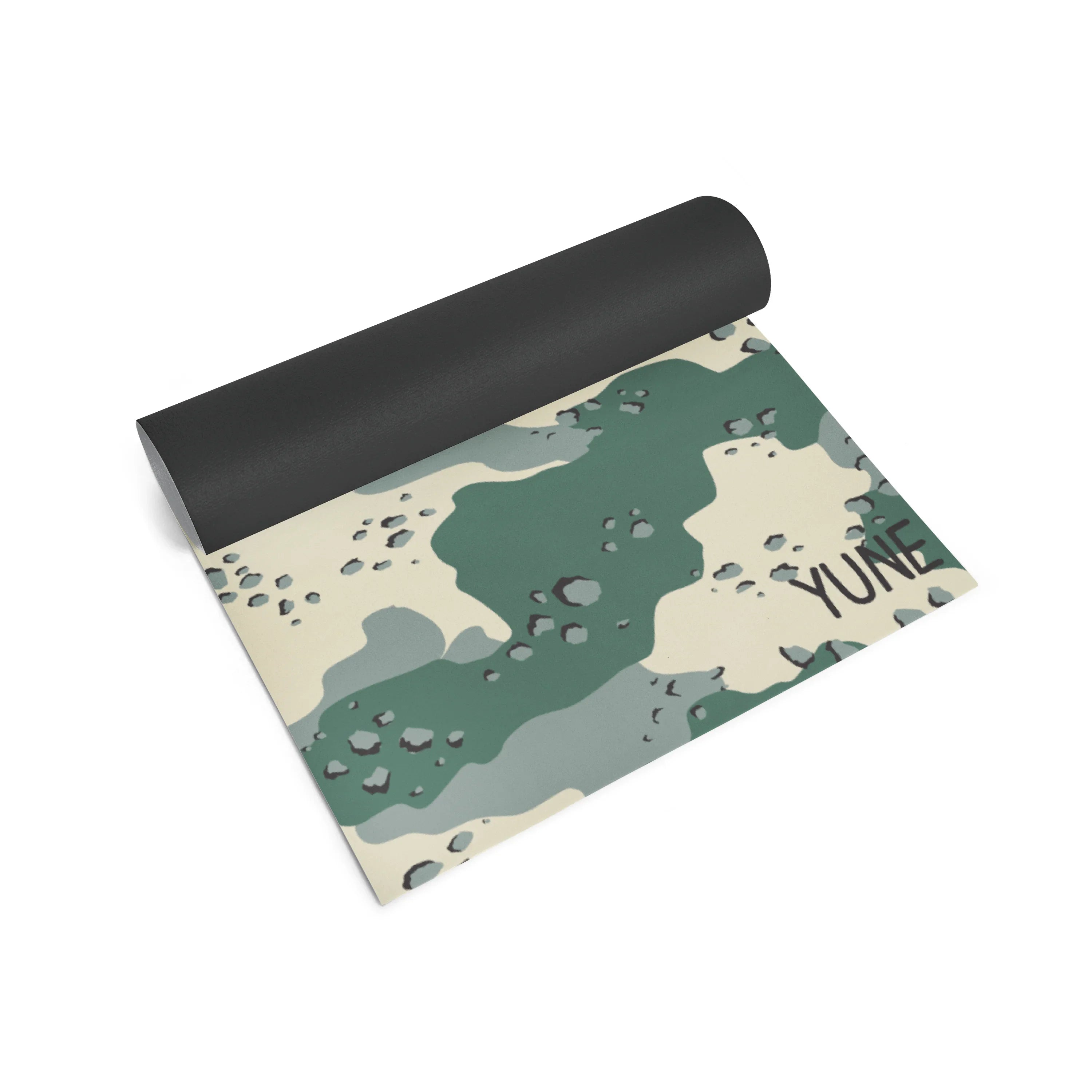 Camouflage-patterned yoga mat with 'YUN' branding on a white background