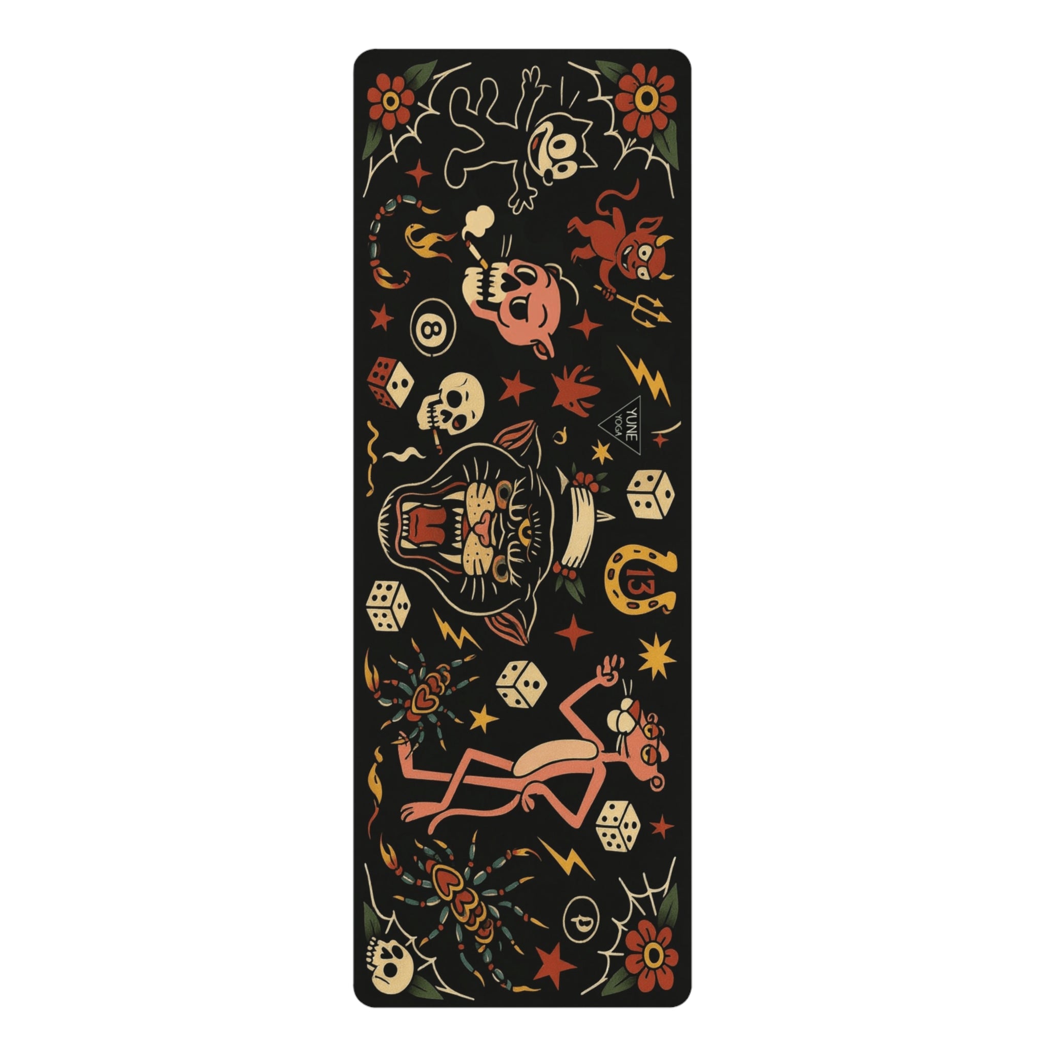 Yoga mat with colorful abstract designs on a black background