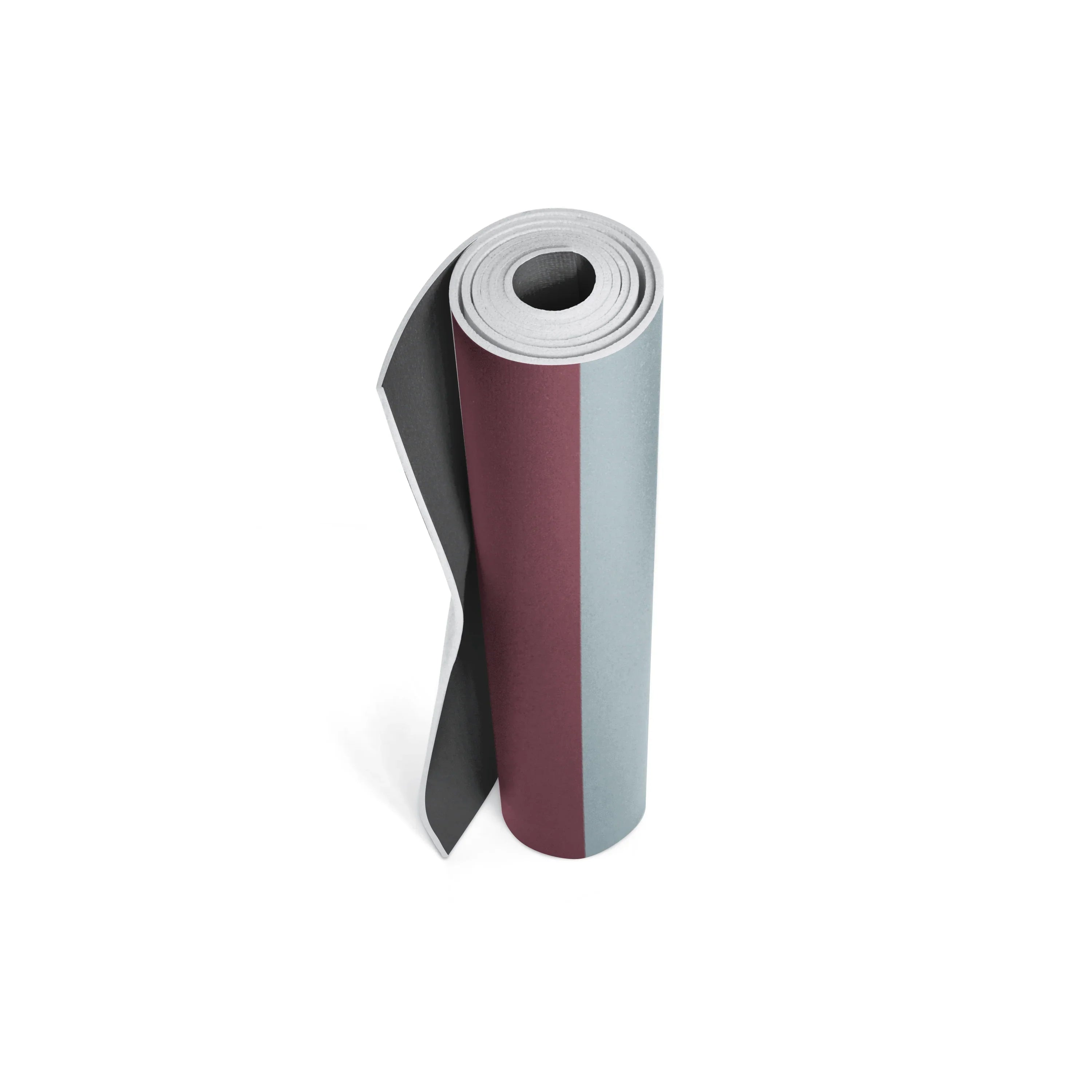 Roll of maroon and gray fabric on a white background
