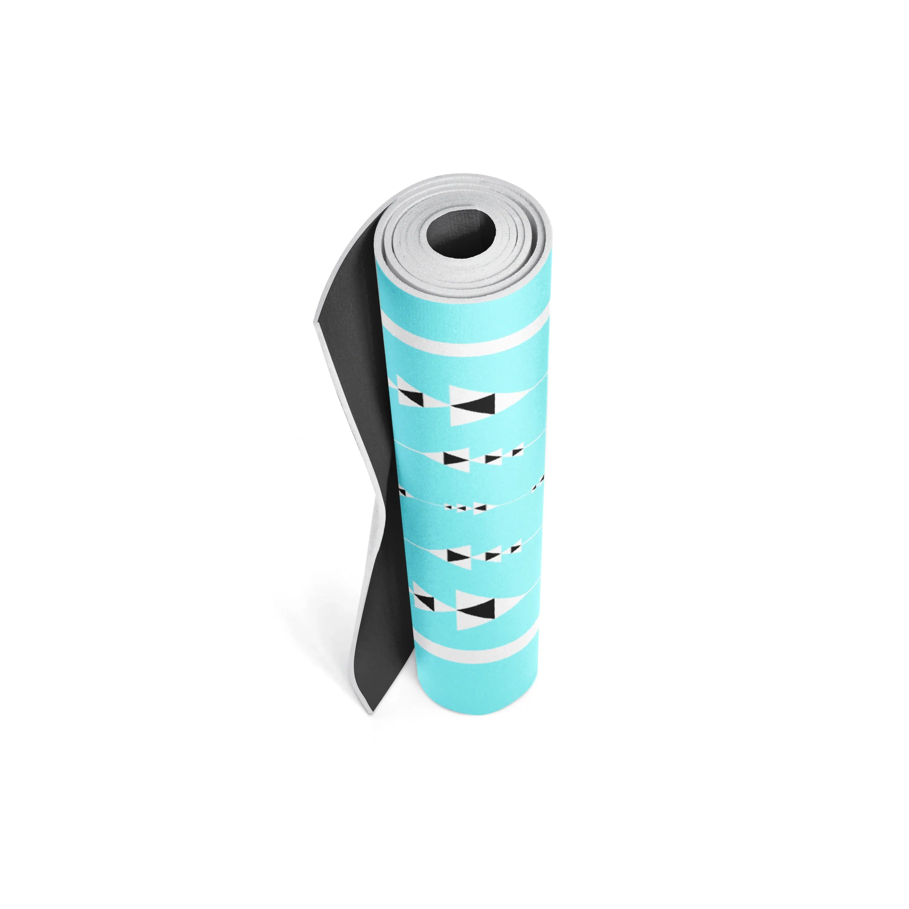 Roll of turquoise yoga mat with black and white patterns on a white background