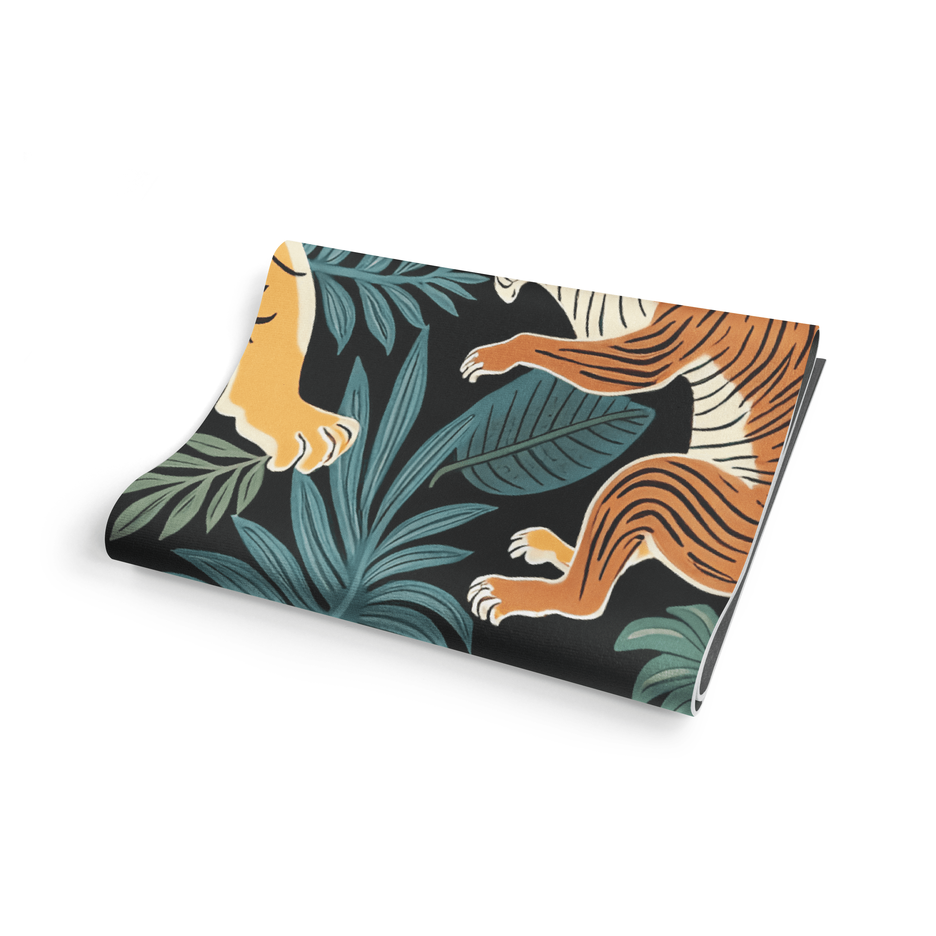 Folded fabric with tiger and leaf pattern on a white background