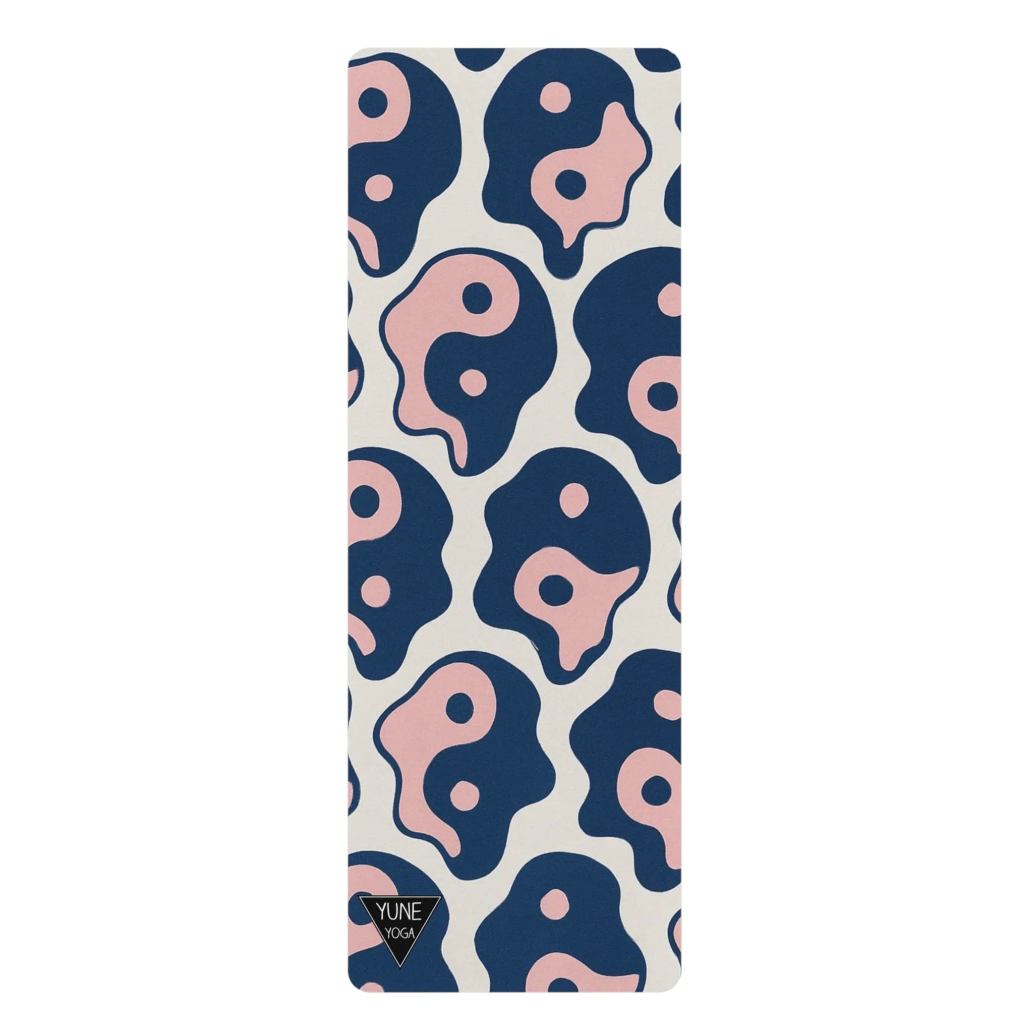Yoga mat with blue and pink abstract pattern on a white background