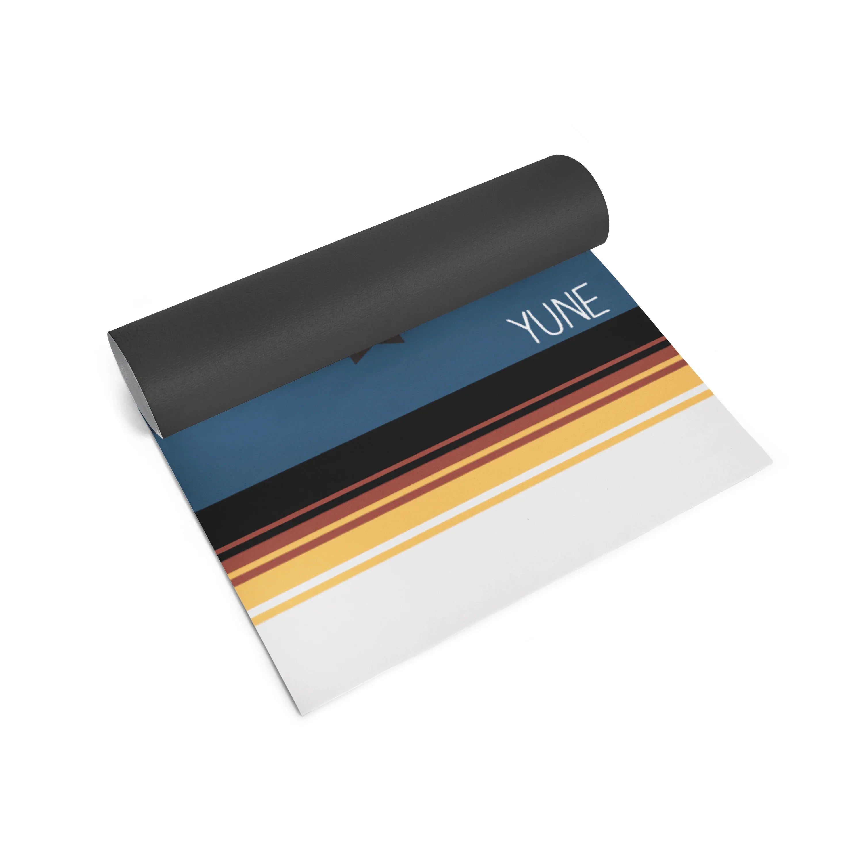 Yoga mat with colorful design and 'YUNE' branding on a white background
