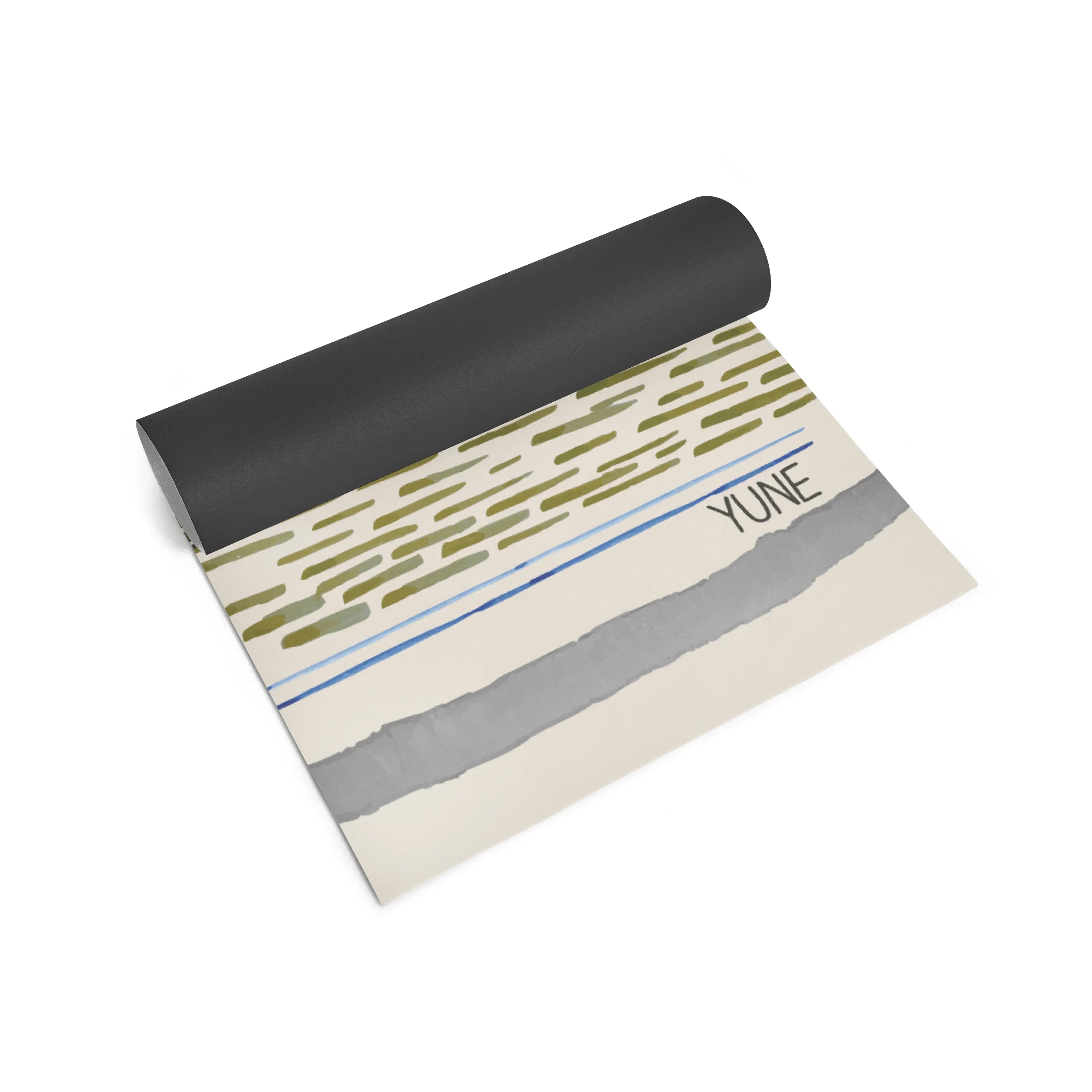 Yoga mat with striped design and 'Yune' branding on a white background
