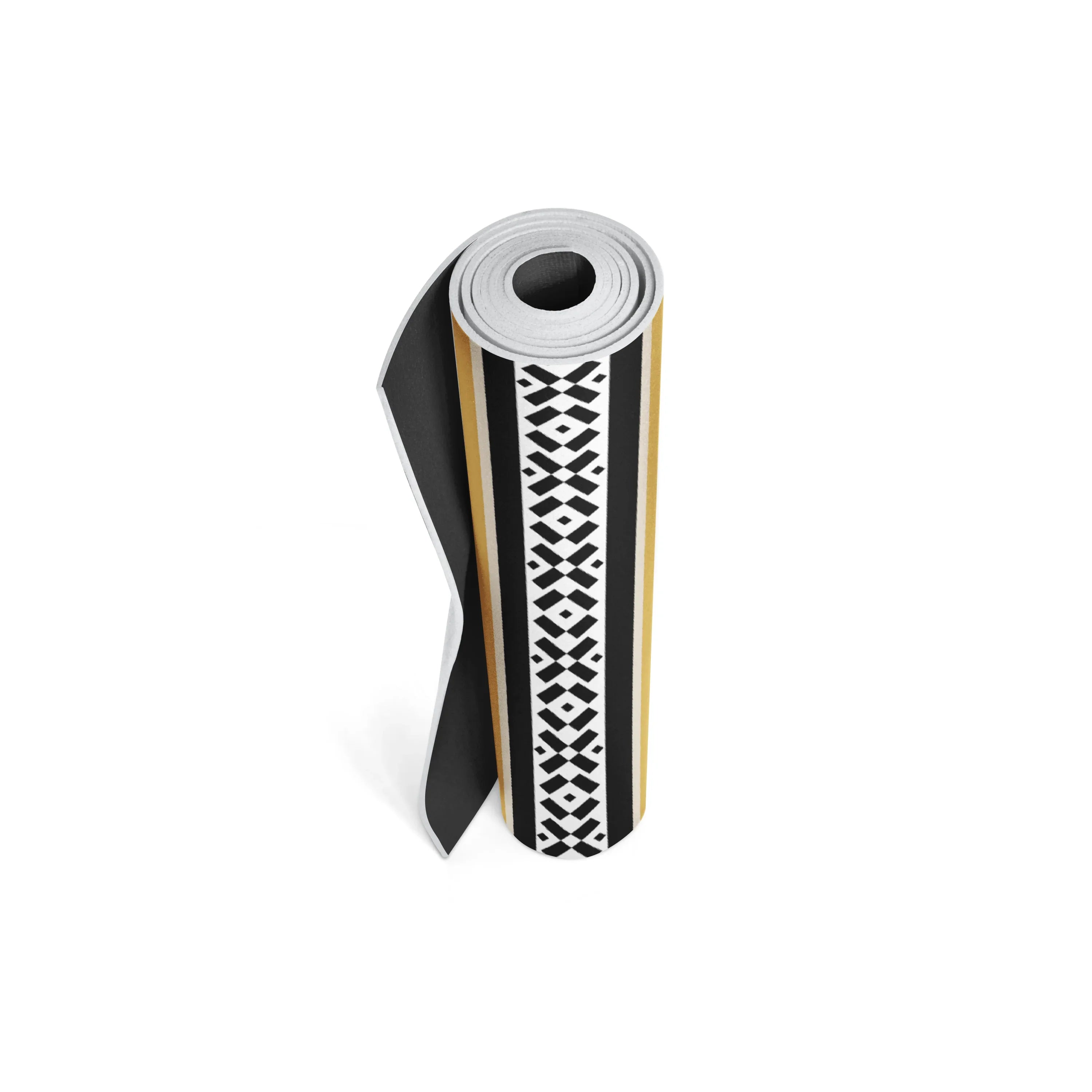 Roll of black and white patterned paper on a white background