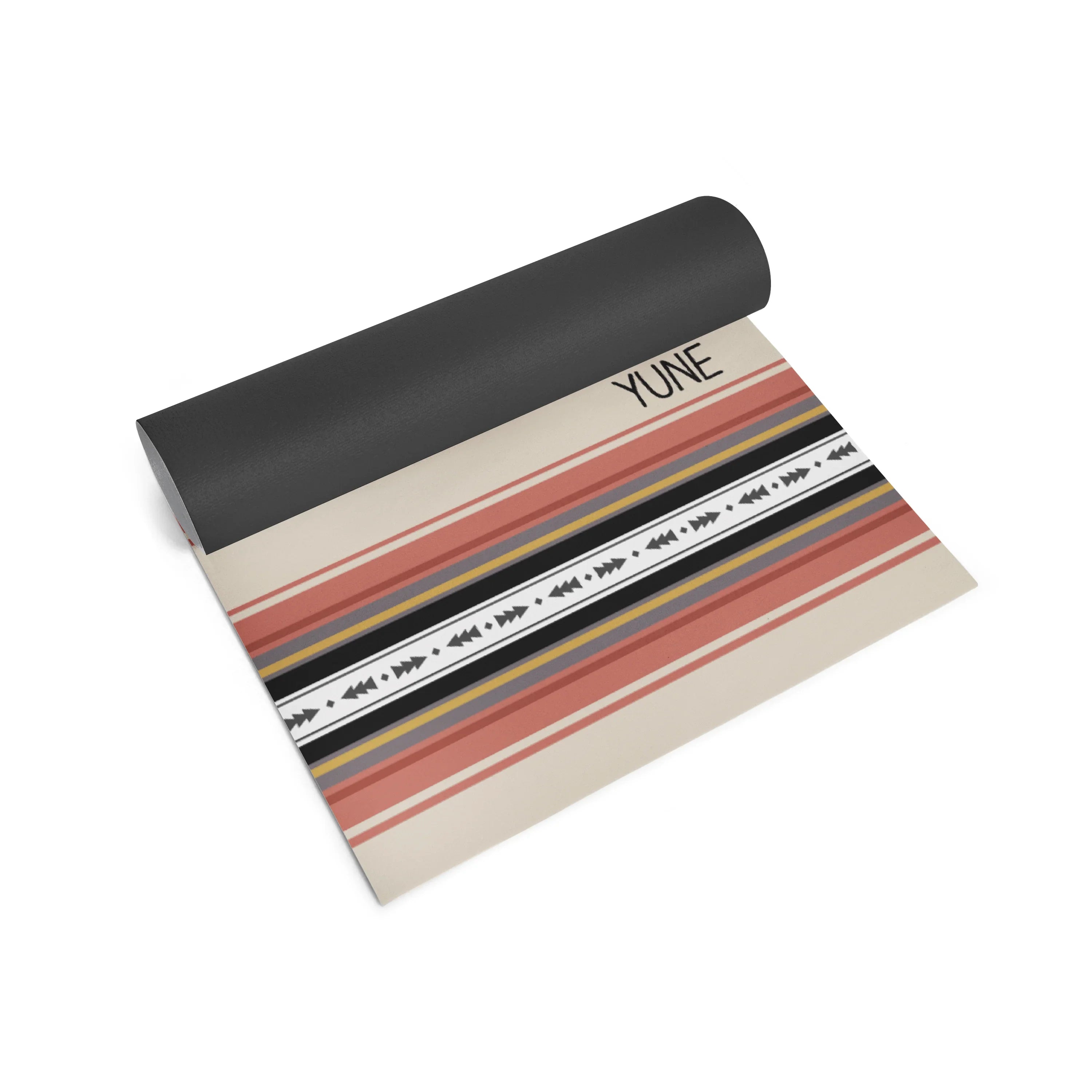 Yoga mat with striped design and 'Yune' branding on a white background