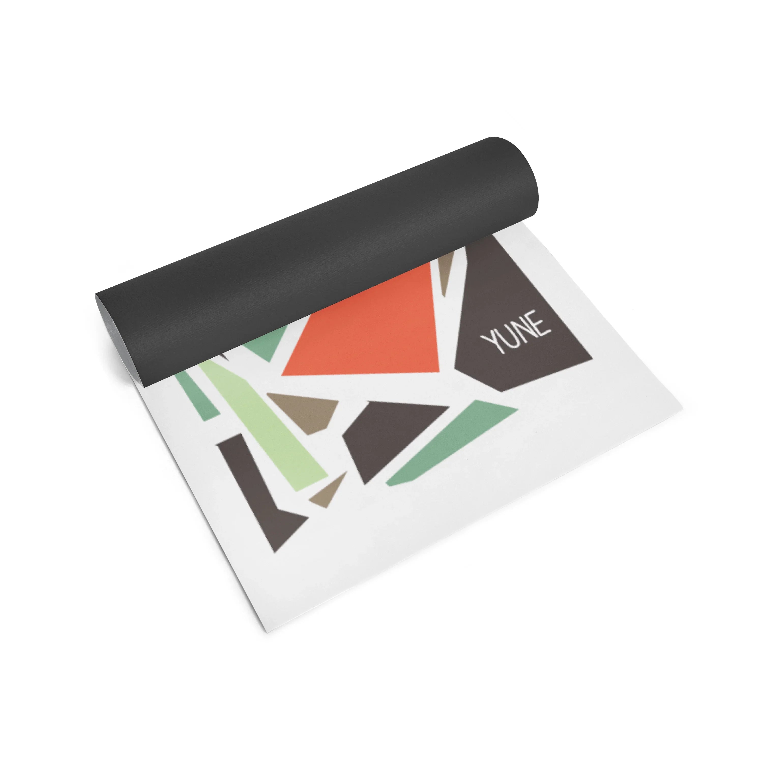 Yoga mat with geometric design and 'YUNE' branding on a white background