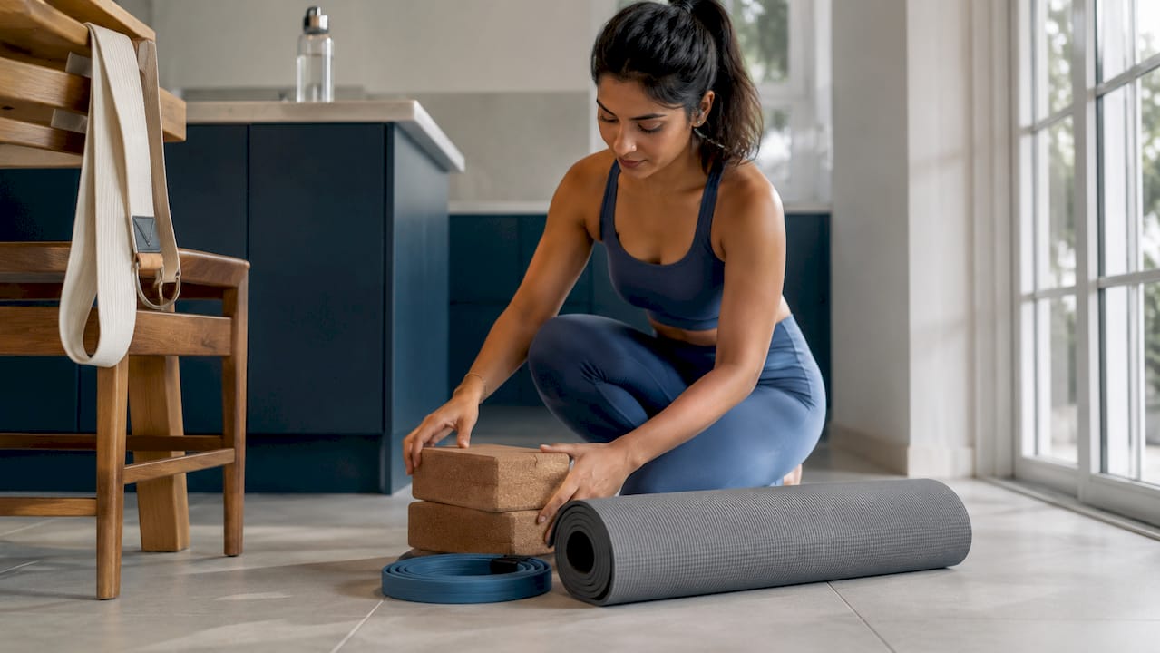 Woman arranging yoga strength training accessories