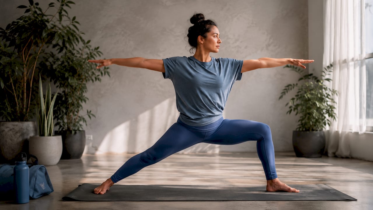 Woman practicing Warrior II yoga pose indoors