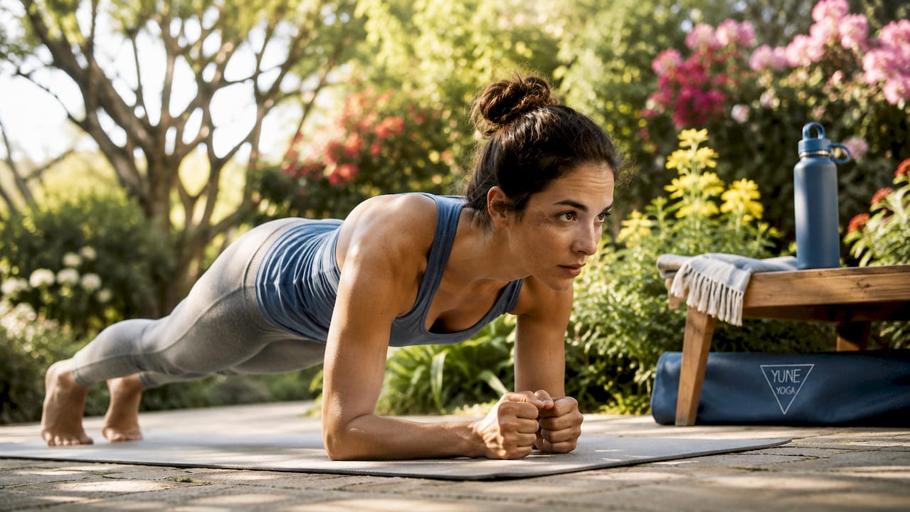 Woman doing plank on yoga mat in studio