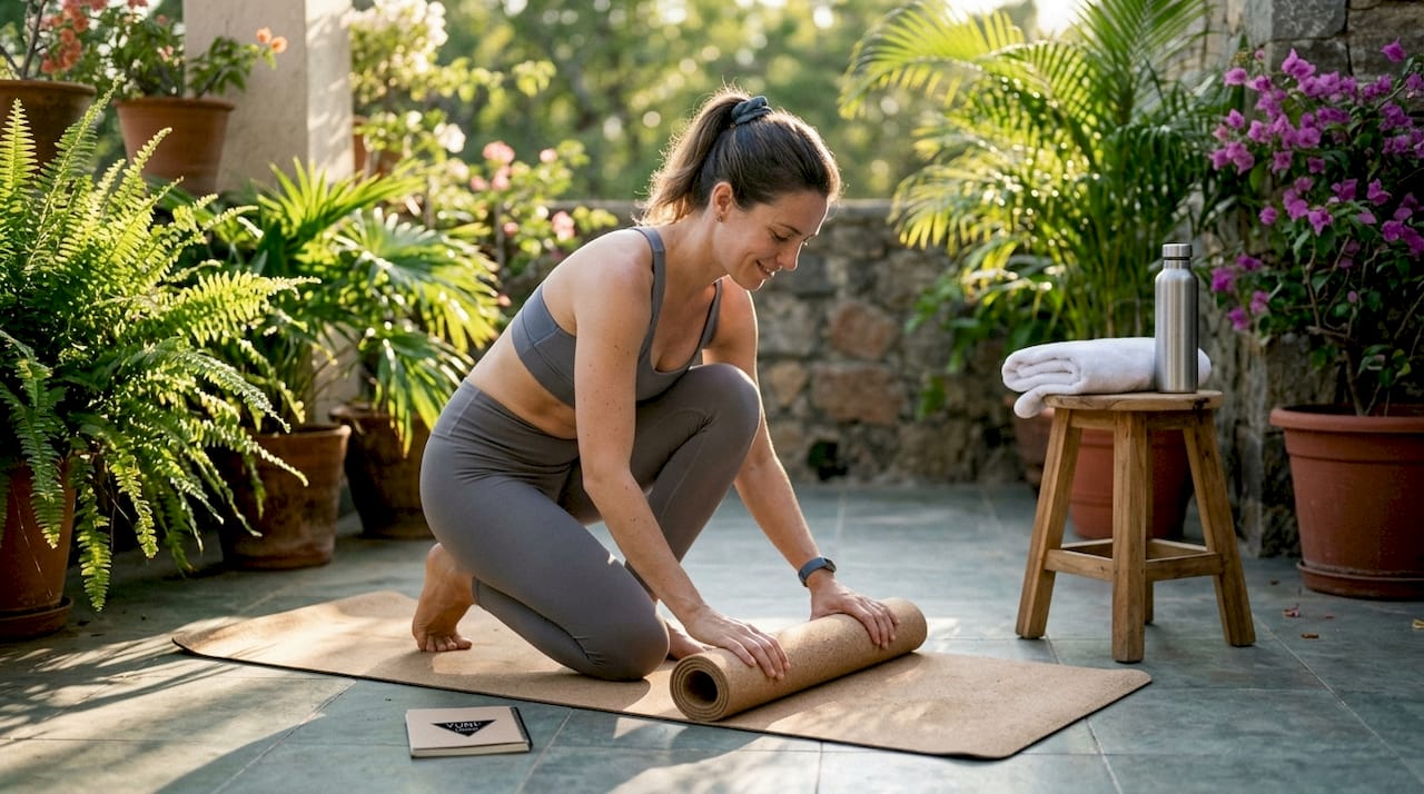 Woman unrolling eco-friendly yoga mat indoors