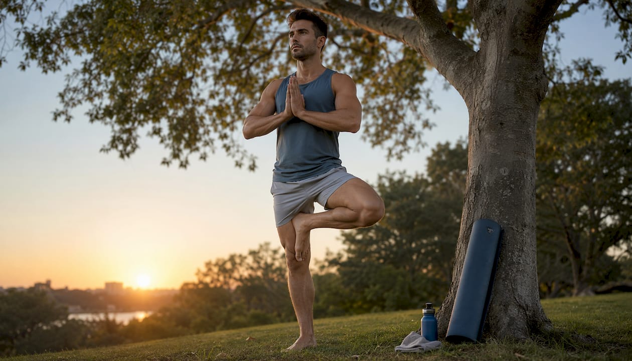 Athlete practicing yoga balance pose outdoors
