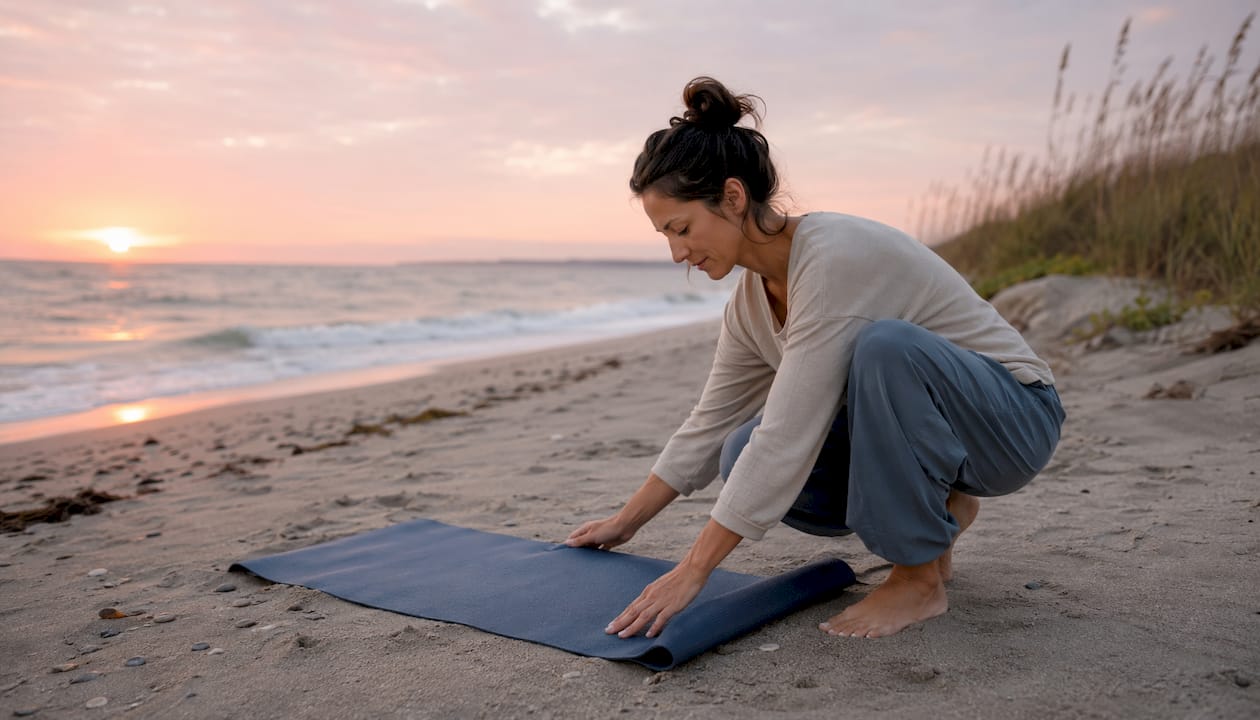 Woman placing sand-resistant yoga mat on beach