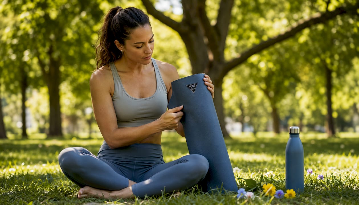 Woman reading yoga mat label in home studio