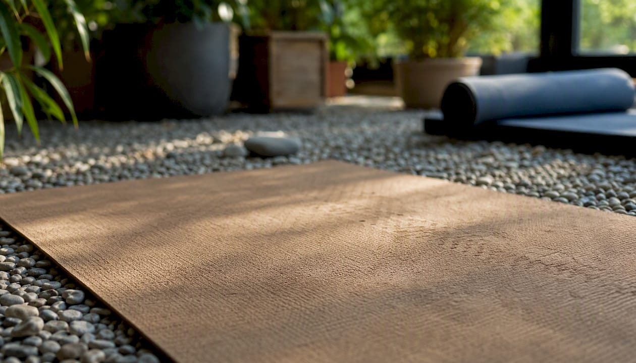 Close-up of textured natural rubber yoga mat surface