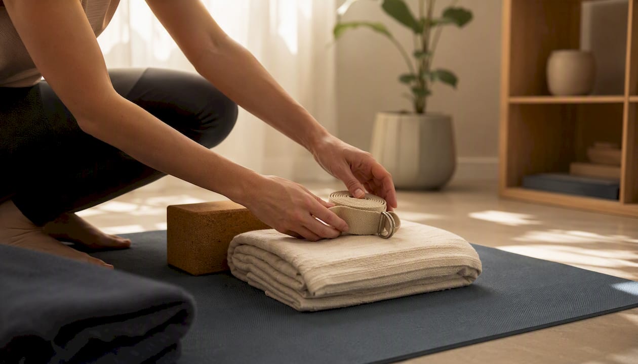 Hands arranging yoga props and Sanskrit manual