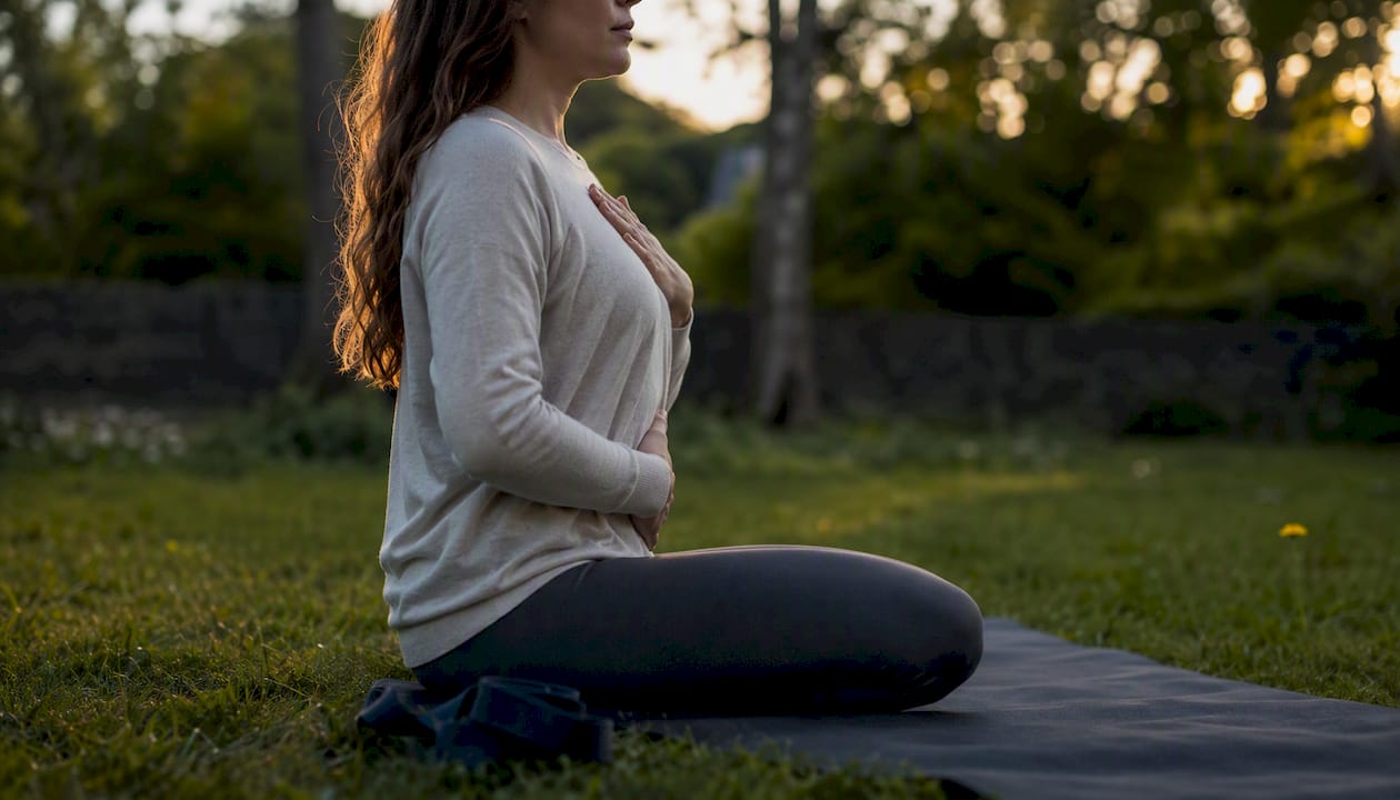 Person practicing slow breathing on yoga mat
