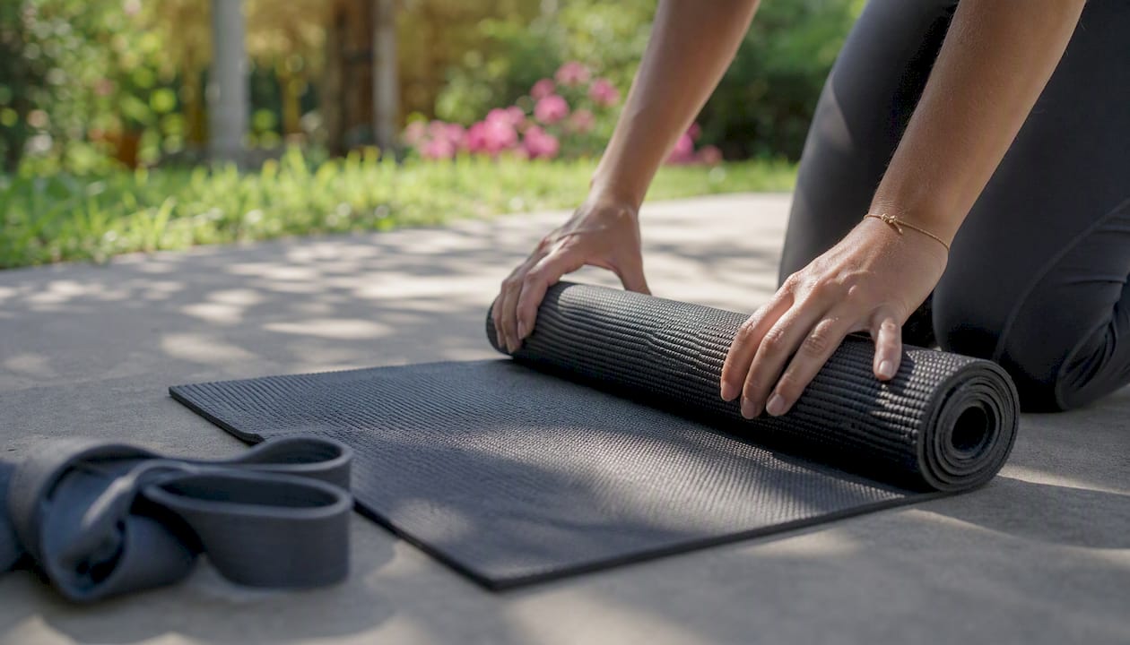 Hands unfolding eco-friendly yoga mat